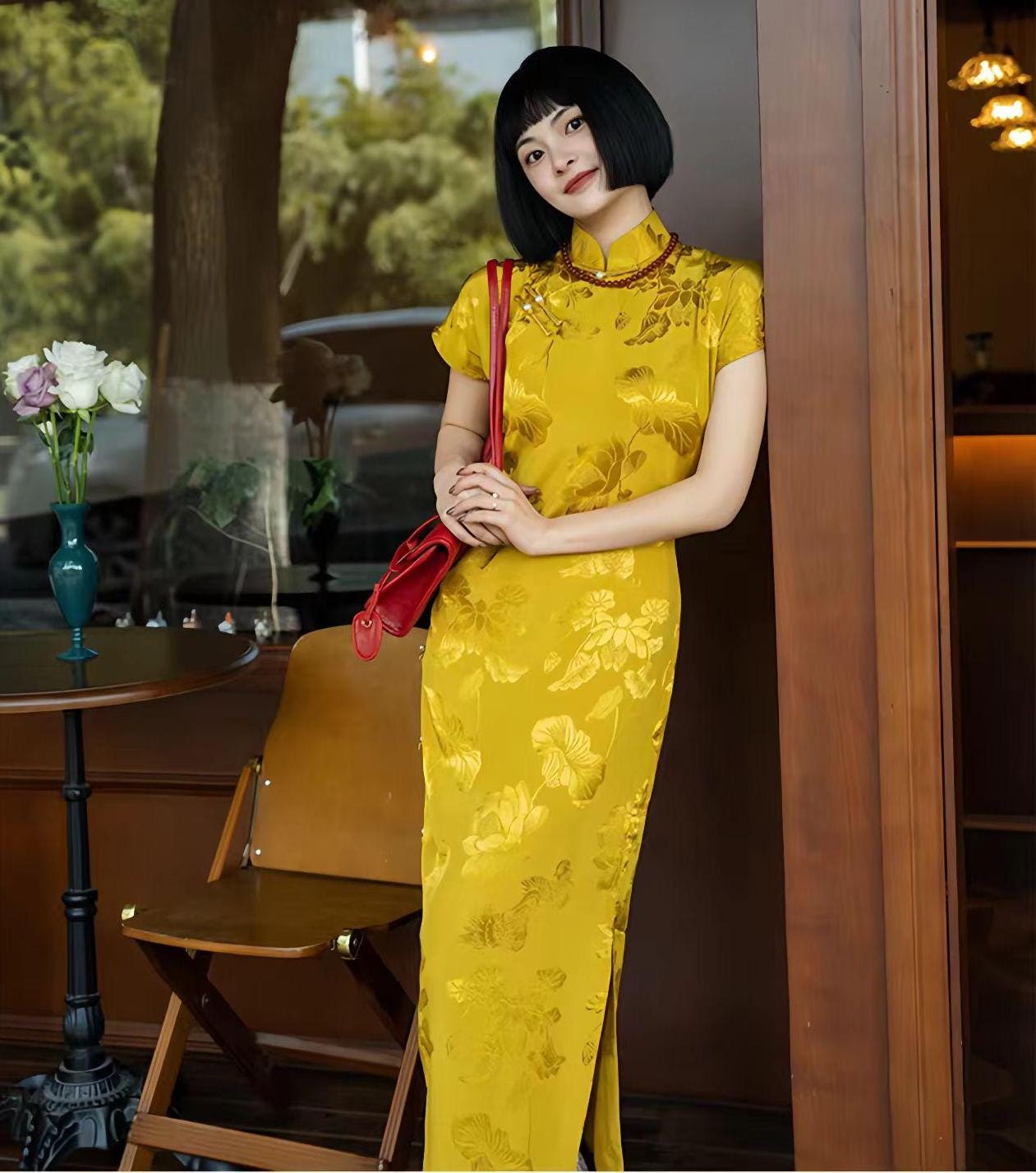 Vestido Cheongsam Dorado, Elegante Vestido Qipao, Vestido Amarillo, Vestido Floral, Estilo Vintage Chino, Traje para la Ceremonia del Té