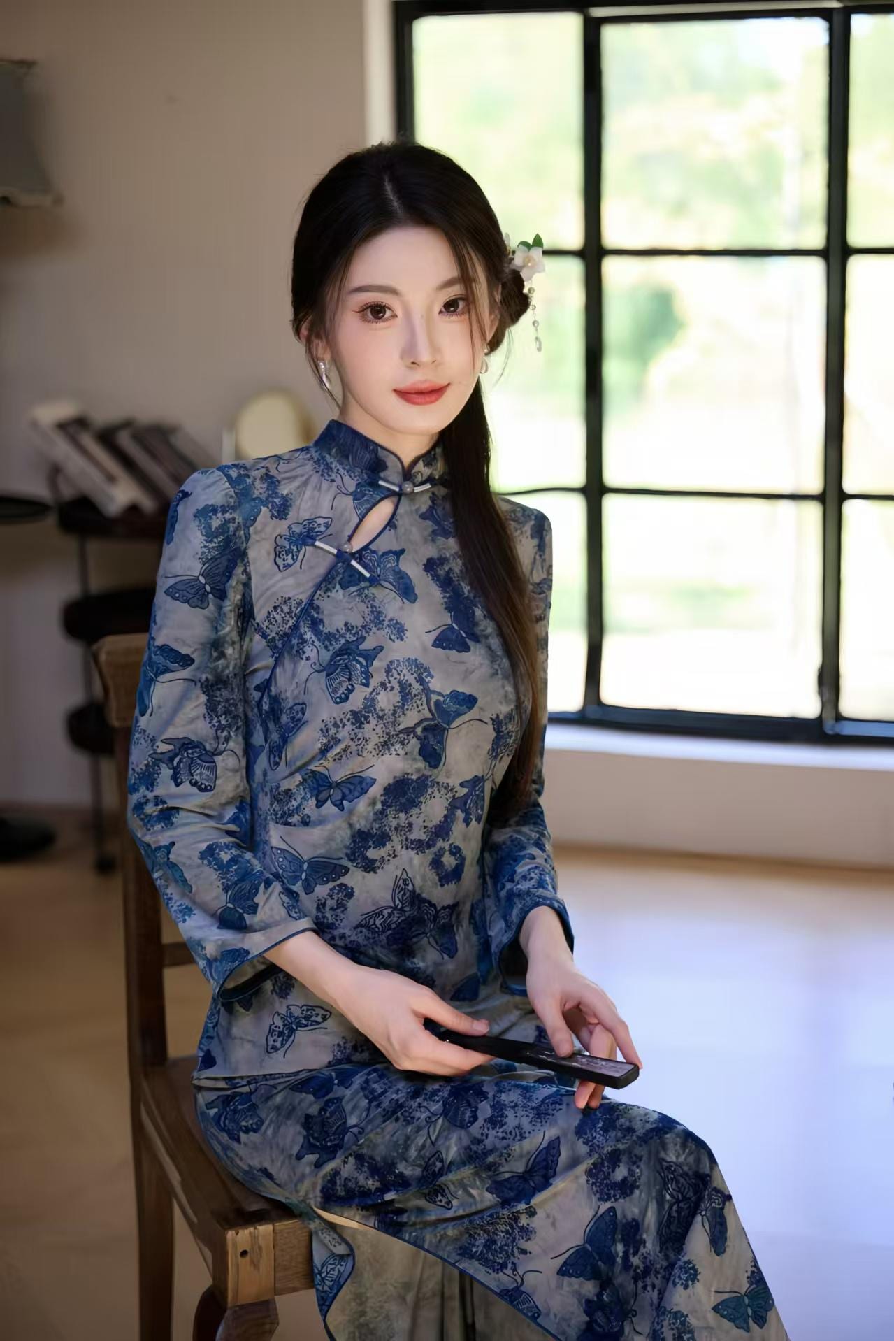 Velvet Qipao Dress, Blue Cheongsam with Butterfly Print, Elegant Oriental Evening Dress, Vintage Chinese Cocktail, Formal Fashion
