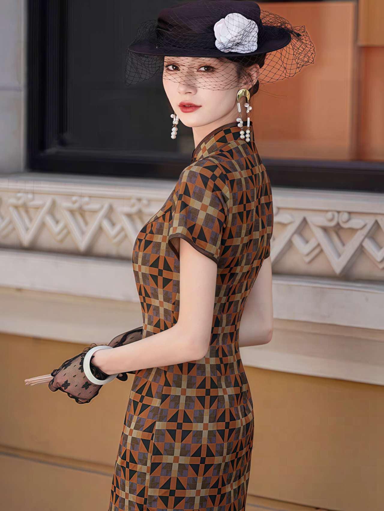 Vestido Qipao Vintage,Vestido Cheongsam Retro,Vestido de Raso Chino,Qipao Estilo Años 20,Cheongsam Estampado Geométrico,Vestido Chino Gatsby