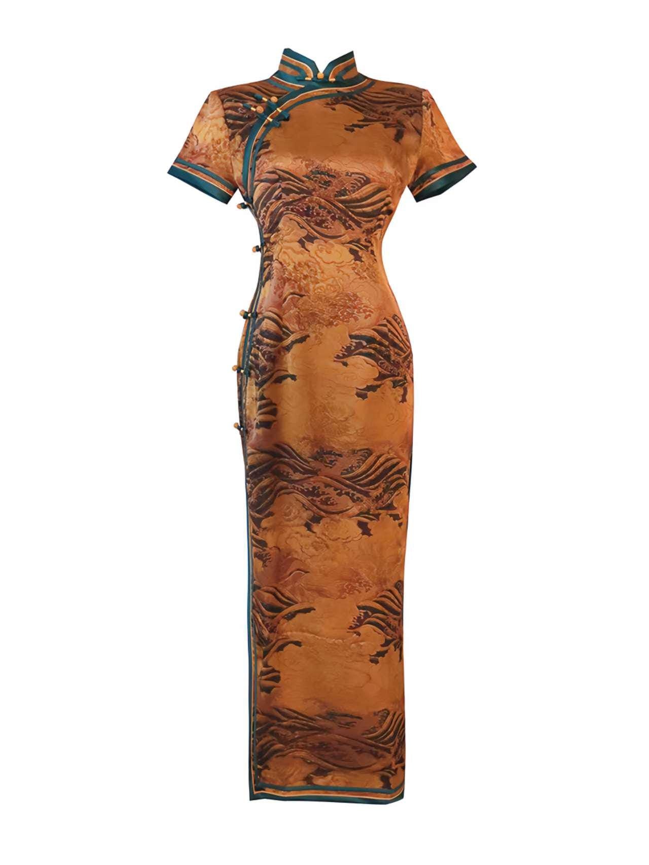 Vestido Qipao Brocado Dorado, Cheongsam Chino Vintage,Vestido Estilo Ópera China, Traje Antiguo de Shanghai,Vestido para Ceremonia del Té
