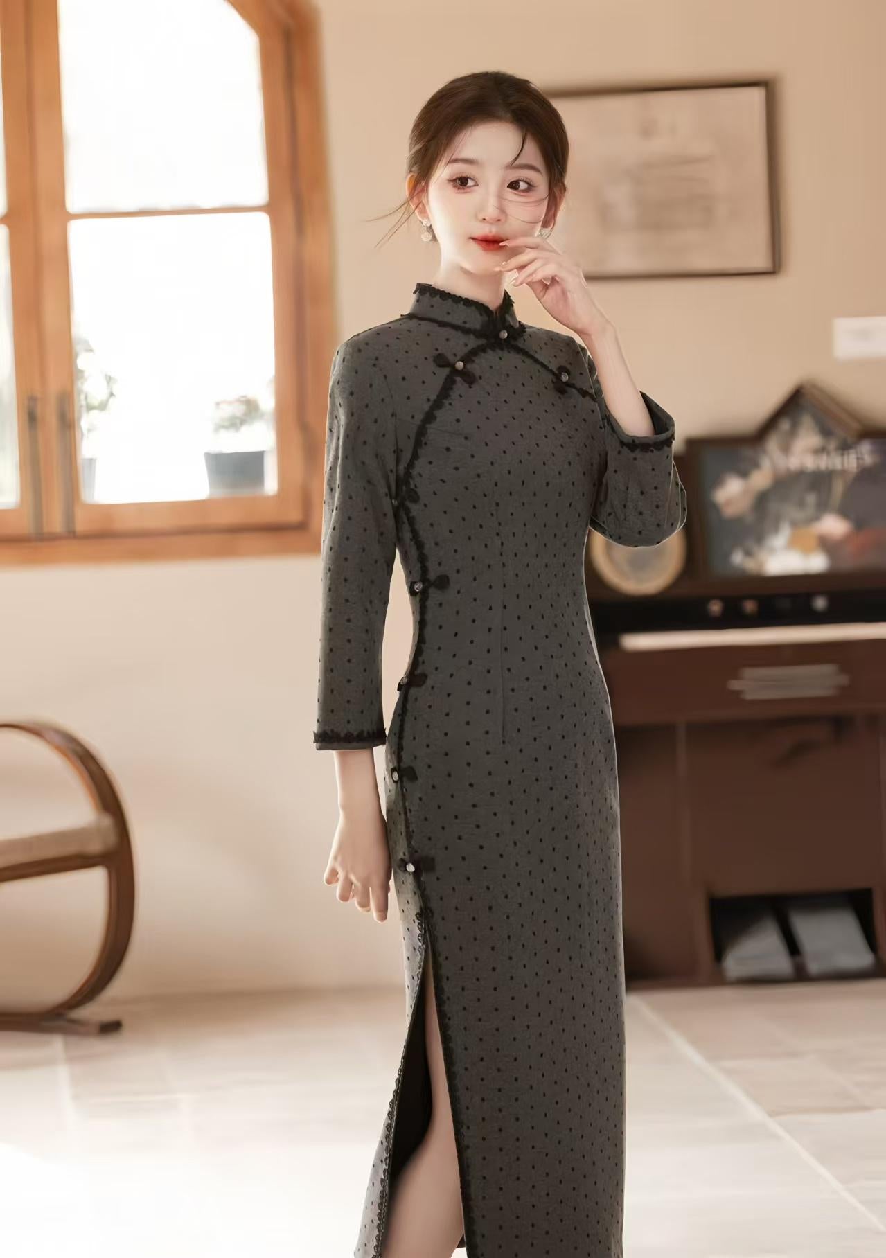 Chenille Polka Dot Qipao, Dark Gray Cheongsam, Vintage Chinese Dress, Elegant Oriental Costume, Modern Retro Dress, Cultural Event Party