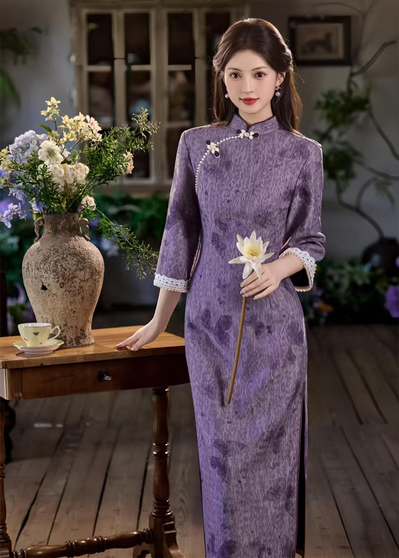 Vestido Qipao Jacquard Púrpura, Maxi Cheongsam Retro Chino, Elegante Vestido Largo Cuello Mandarín, Vestido de Noche Vintage Oriental,Veneno