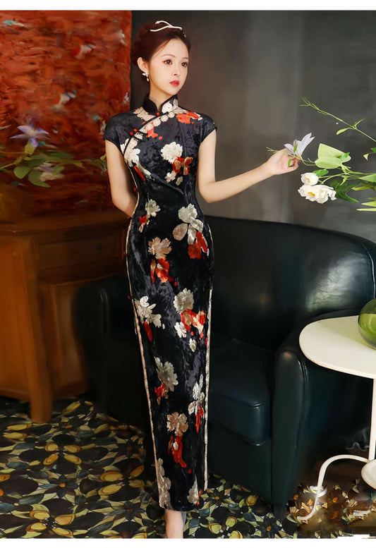 Vestido Qipao de terciopelo, Vestido Cheongsam chino, Vestido Chino Vintage, Tradicional, tallas grandes S-4XL,Vestido para Ceremonia del Té
