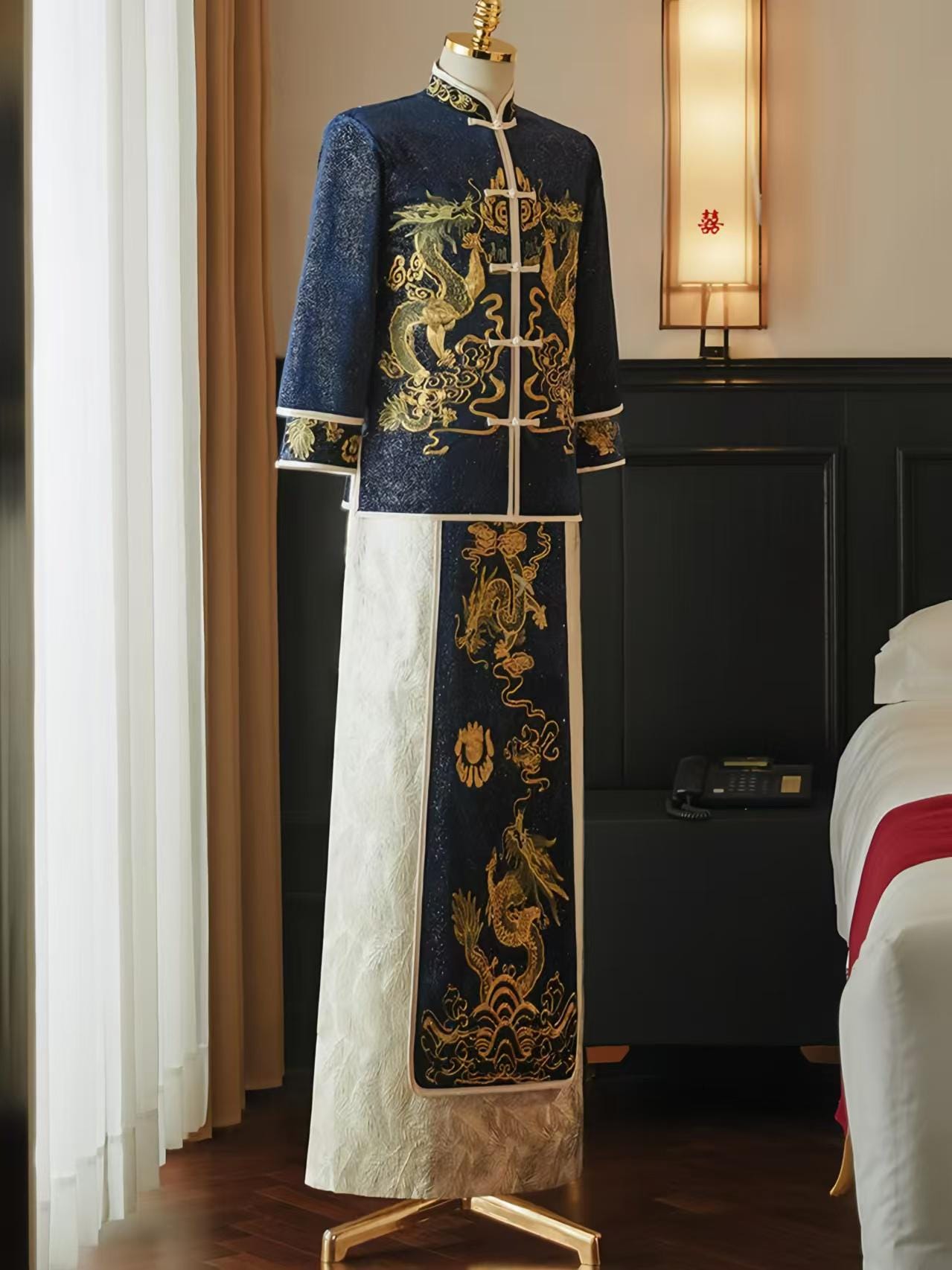 Traje de Novio Boda China, Bata Bordada Dragón Fénix, Chaqueta Tang,Traje Tradicional Hanfu,Ceremonia de Té de Boda,Look de Compromiso Chino