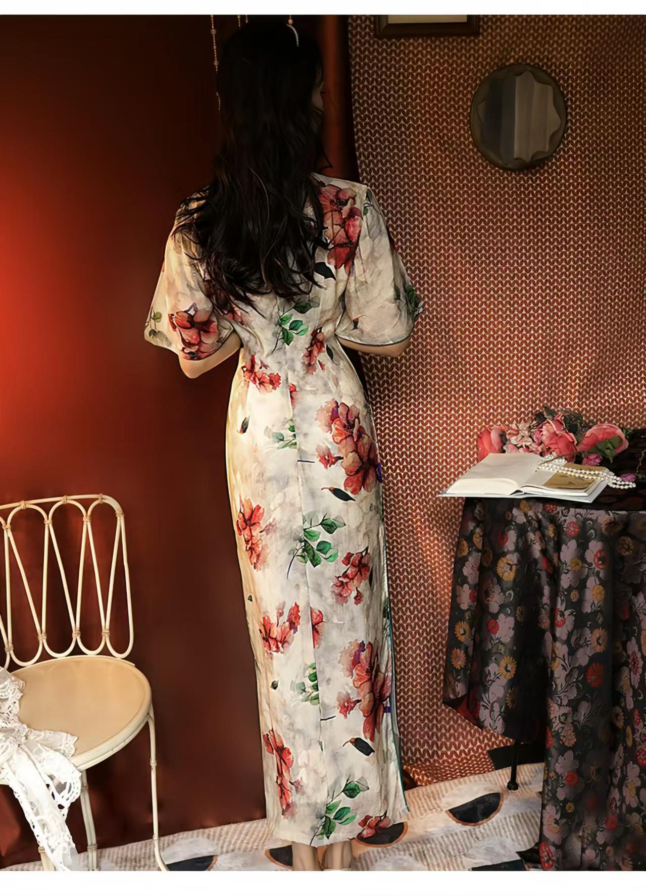 Vestido Qipao Floral de Seda y Lino, Maxi Vestido Largo Cheongsam,Vestido de Invitada de Boda Cultural Tradicional,Ceremonia del Té,Clásico
