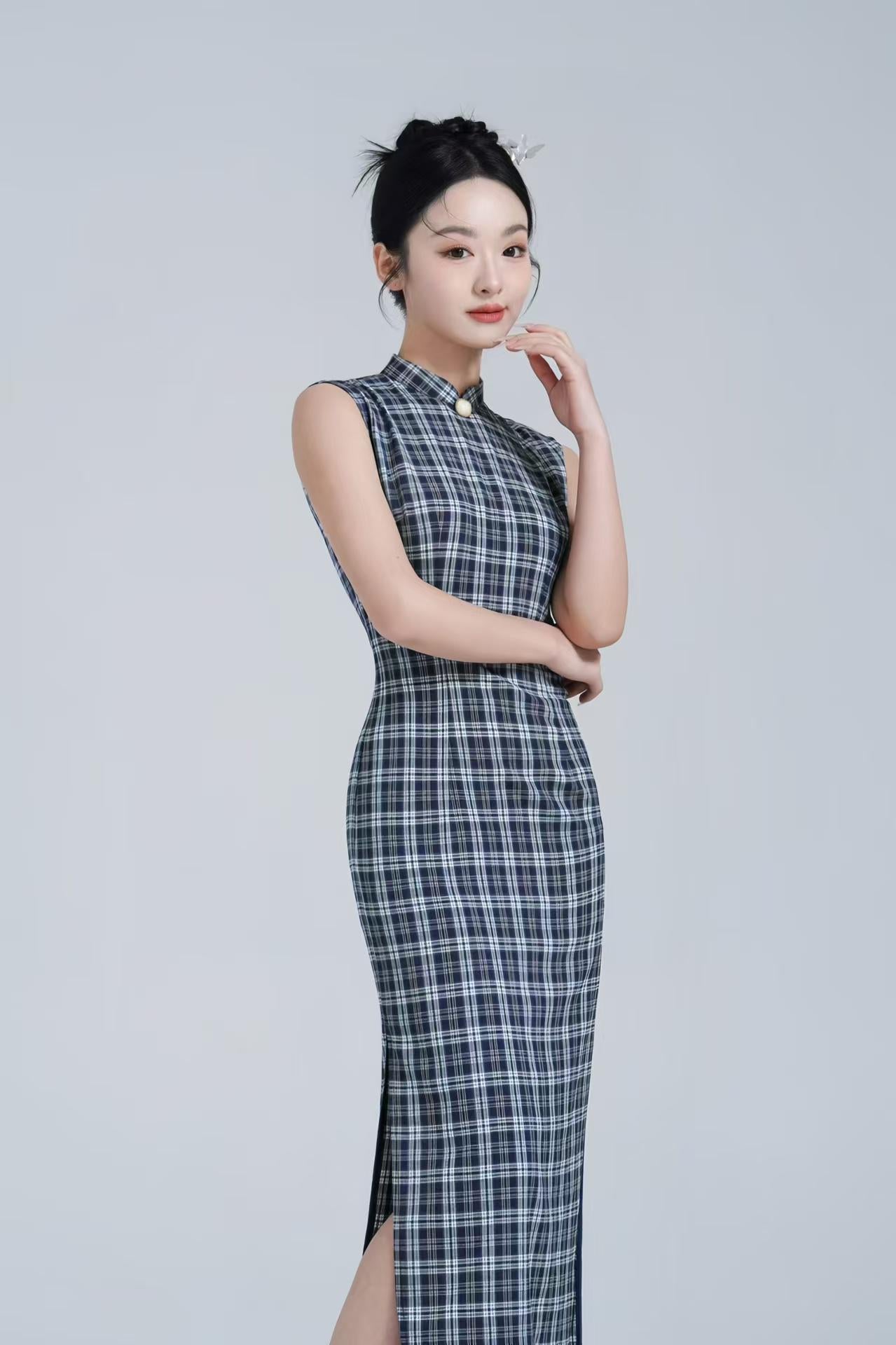 Vestido Qipao de Algodón a Cuadros, Vestido Largo Cheongsam a Rayas, Vestido Casual Chino de Verano, Conjunto Vintage Oriental, Vestido Tang