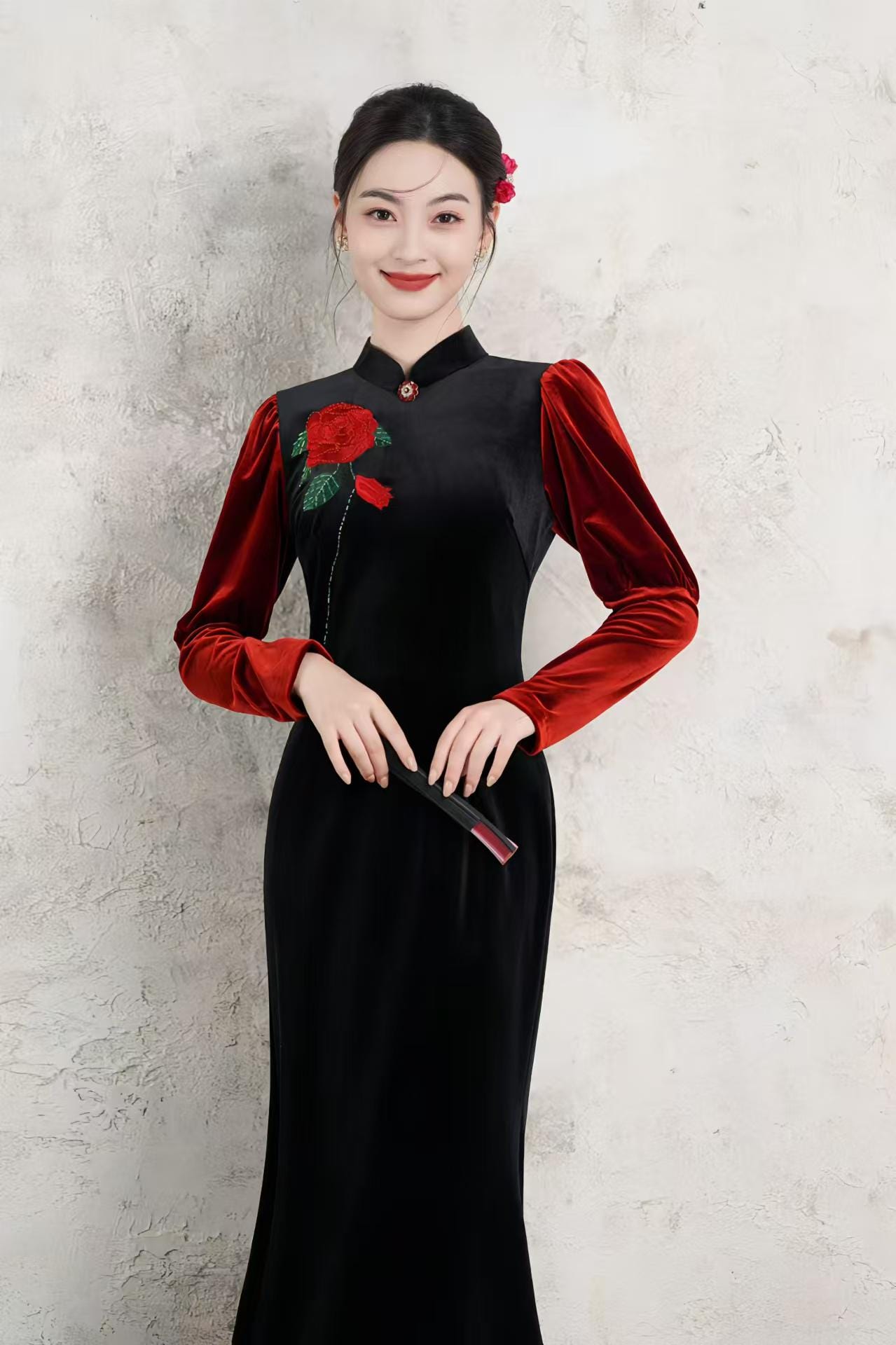 Mermaid Velvet Qipao, Chinese Wedding Cheongsam Dress, Elegant Mother of the Bride Dress, Autumn Party Outfit, Oriental Black Red