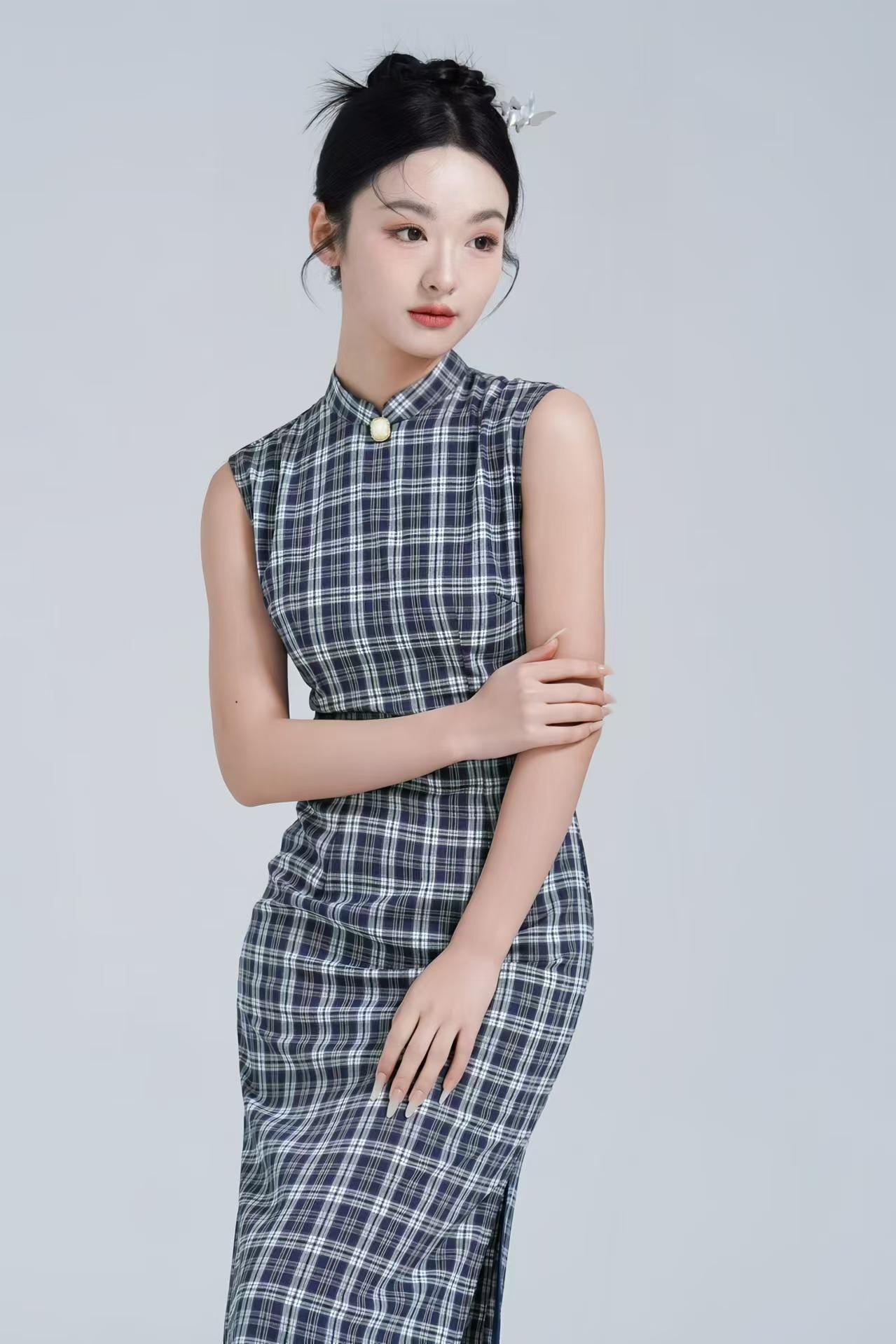 Plaid Cotton Qipao Dress, Striped Cheongsam Long Dress, Summer Chinese Casual Dress, Oriental Vintage Set, Tang Dress