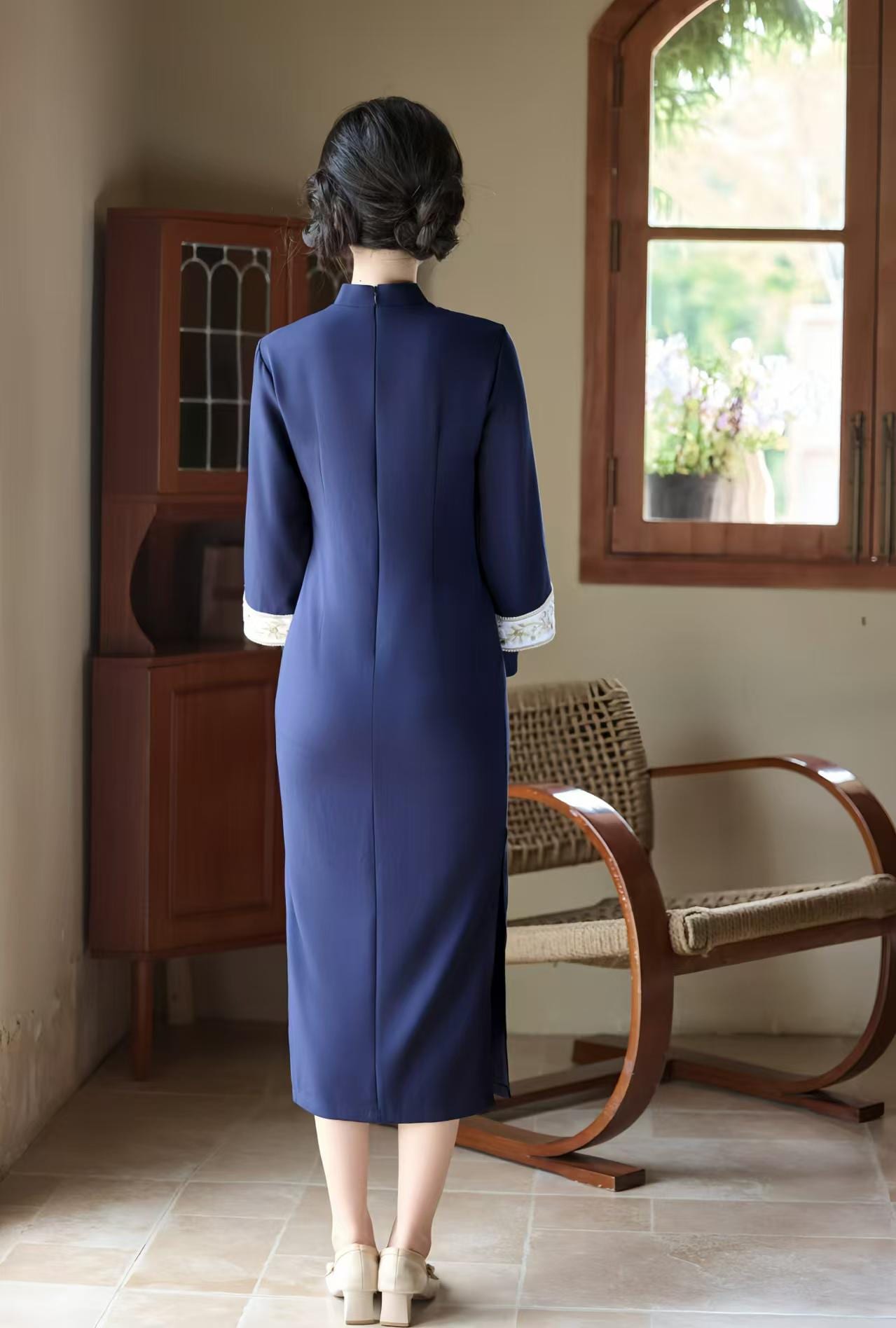 Vestido Qipao Otoño, Vestido Cheongsam Azul Marino, Vestido Chino Manga Larga, Elegante Conjunto Midi Tang, Vestido Oriental Lino Tencel