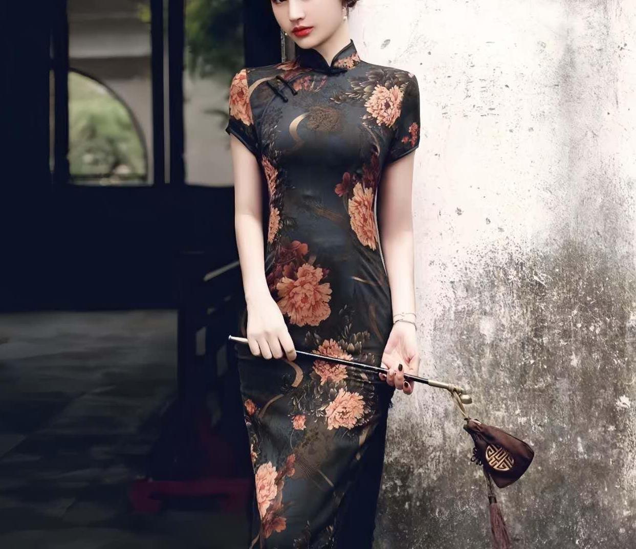 Qipao tradicional chino,vestido cheongsam floral,ropa vintage asiática,moda oriental elegante,vestido largo con abertura, vestido de fiesta