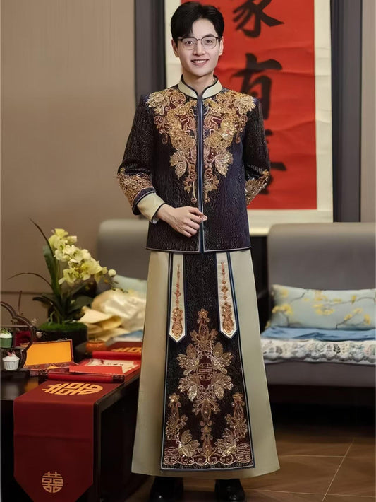 Chinese Groom Suit, Dragon and Phoenix Embroidered Groom Suit, Traditional Silk Brocade Groom Suit, Long-Sleeved Luxury Wedding, Gift