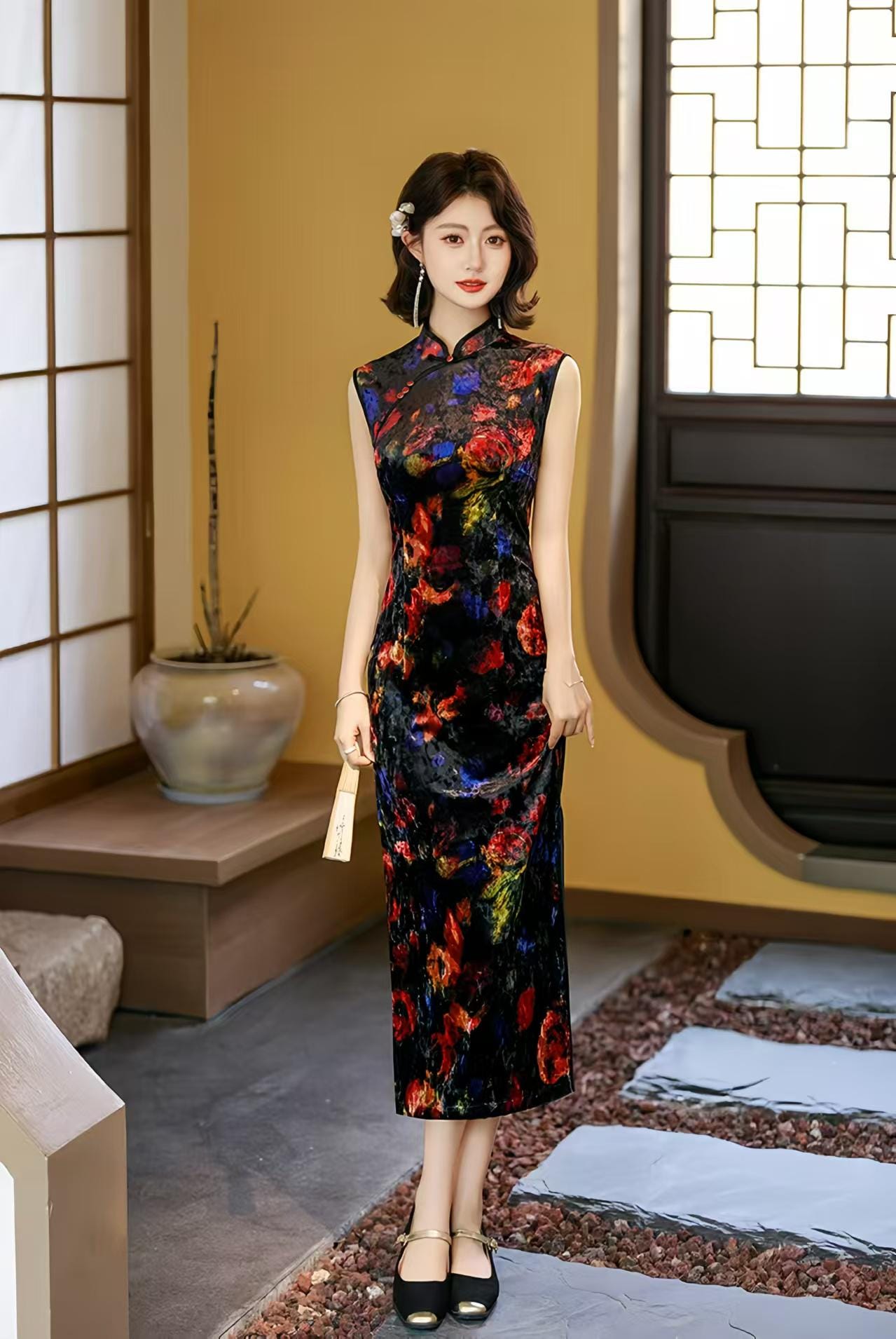Velvet Qipao Sleeveless Dress, Black Cheongsam Evening Dress, Oil Painting Floral Chinese Dress, Artistic Oriental Style