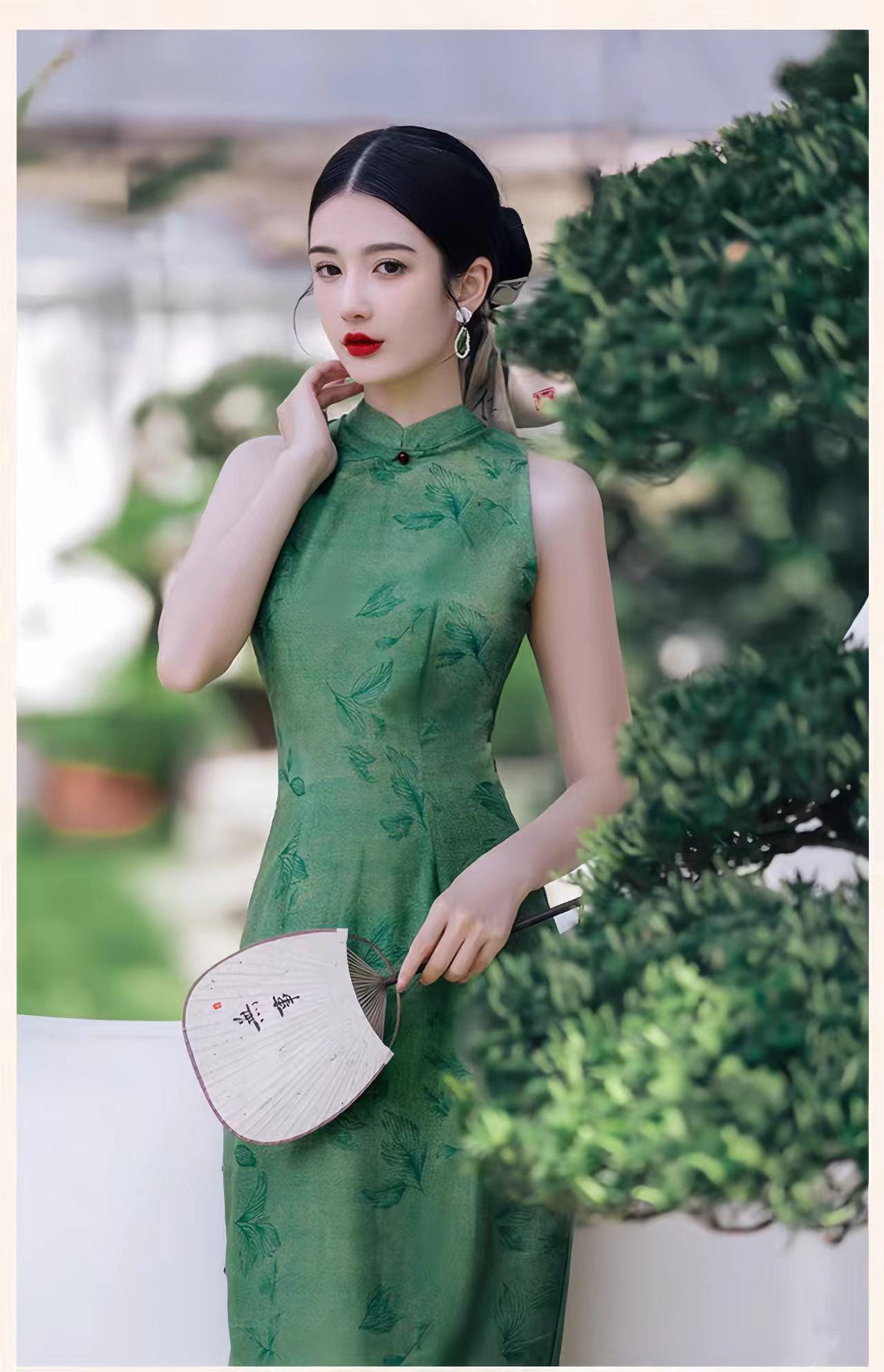 Elegante Conjunto de Vestido Qipao Verde, Conjunto Cheongsam Chino de Dos Piezas, Cheongsam Moderno para Oficina, Cultural Asian Tea Party