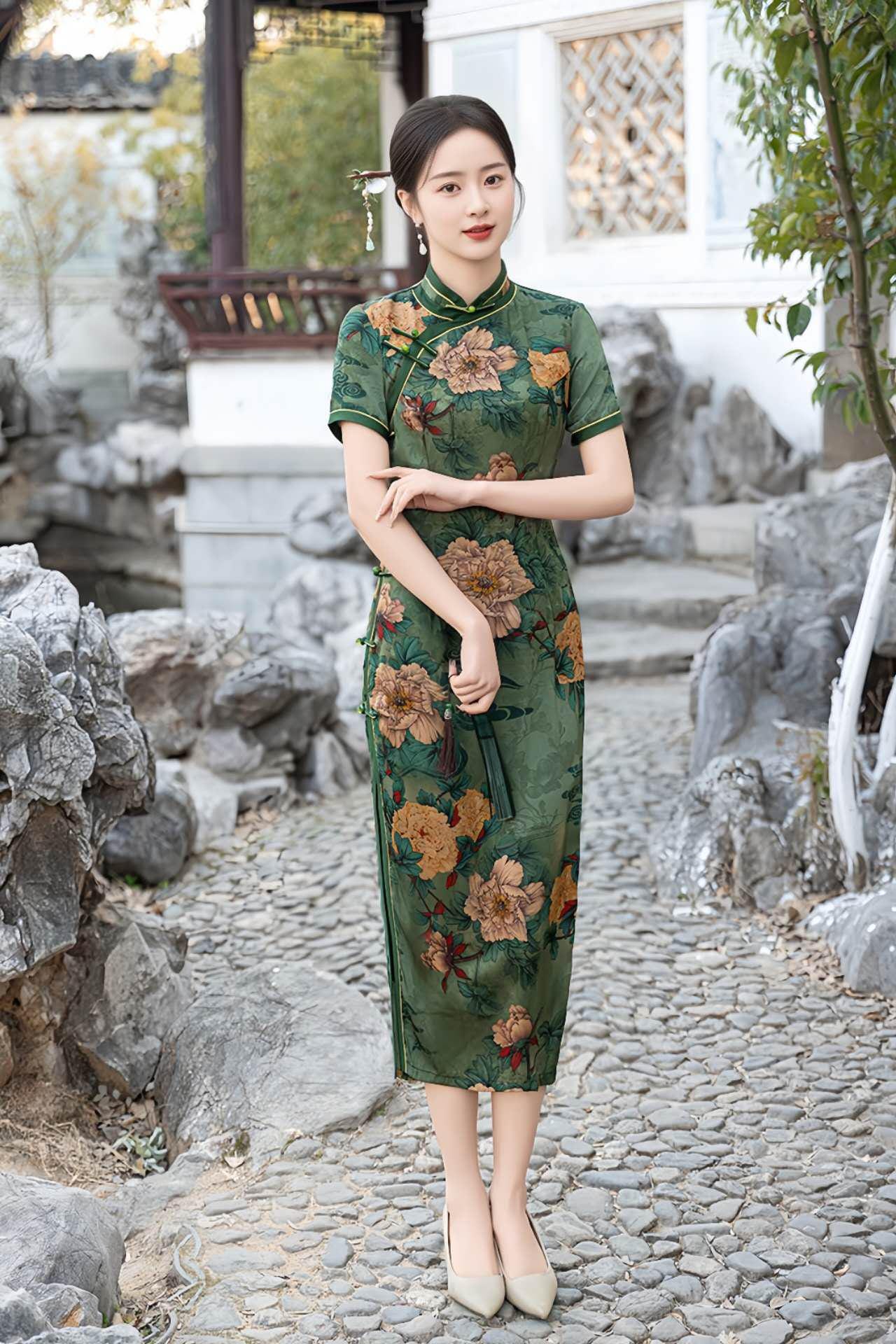 Qipao Floral Verde, Vestido Cheongsam de Seda, Vestido Estampado Peonía,Estilo Retro Chino, Vestido Qipao Clásico, Ceremonia del Té, regalo