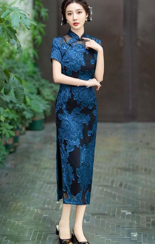 Vestido Qipao de encaje azul – Cheongsam con hombros transparentes – Vestido floral de fiesta  – Tallas grandes M-5XL