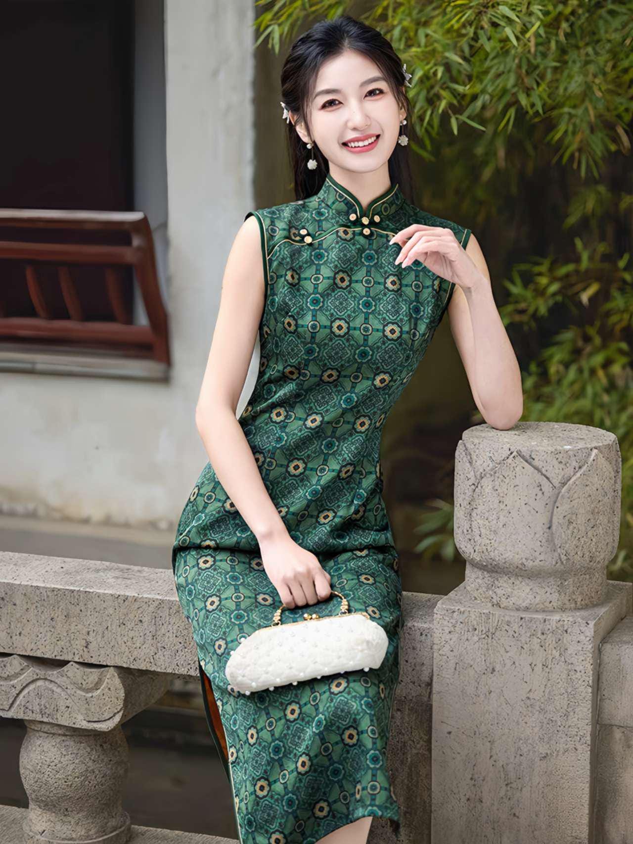 Qipao Chino Vintage,Vestido Cheongsam Retro Elegante,Vestido Qipao Estampado Verde,Qipao Estilo Tradicional,regalo cultural,Ceremonia del Té