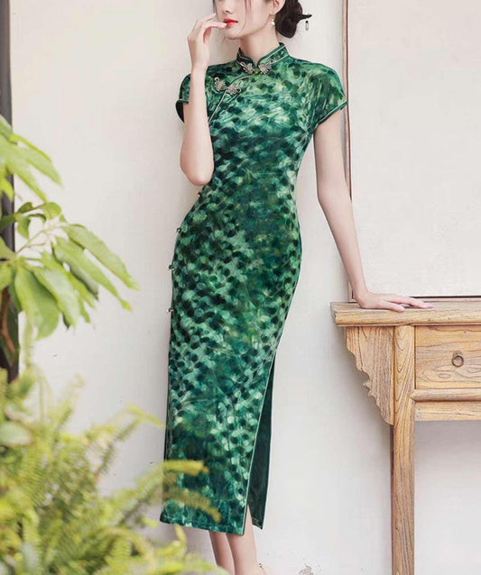 Vestido Qipao Verde Terciopelo,Cheongsam Retro para Mujer,Vestido de Fiesta Inspirado en el Antiguo Shangai,Vestido Vintage Elegante para Té