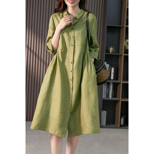 Vestido camisero de lino, Vestido midi de estilo francés, Vestido de Tejido Natural, Vestido Suelto, Vestido de verano minimalista, vintage