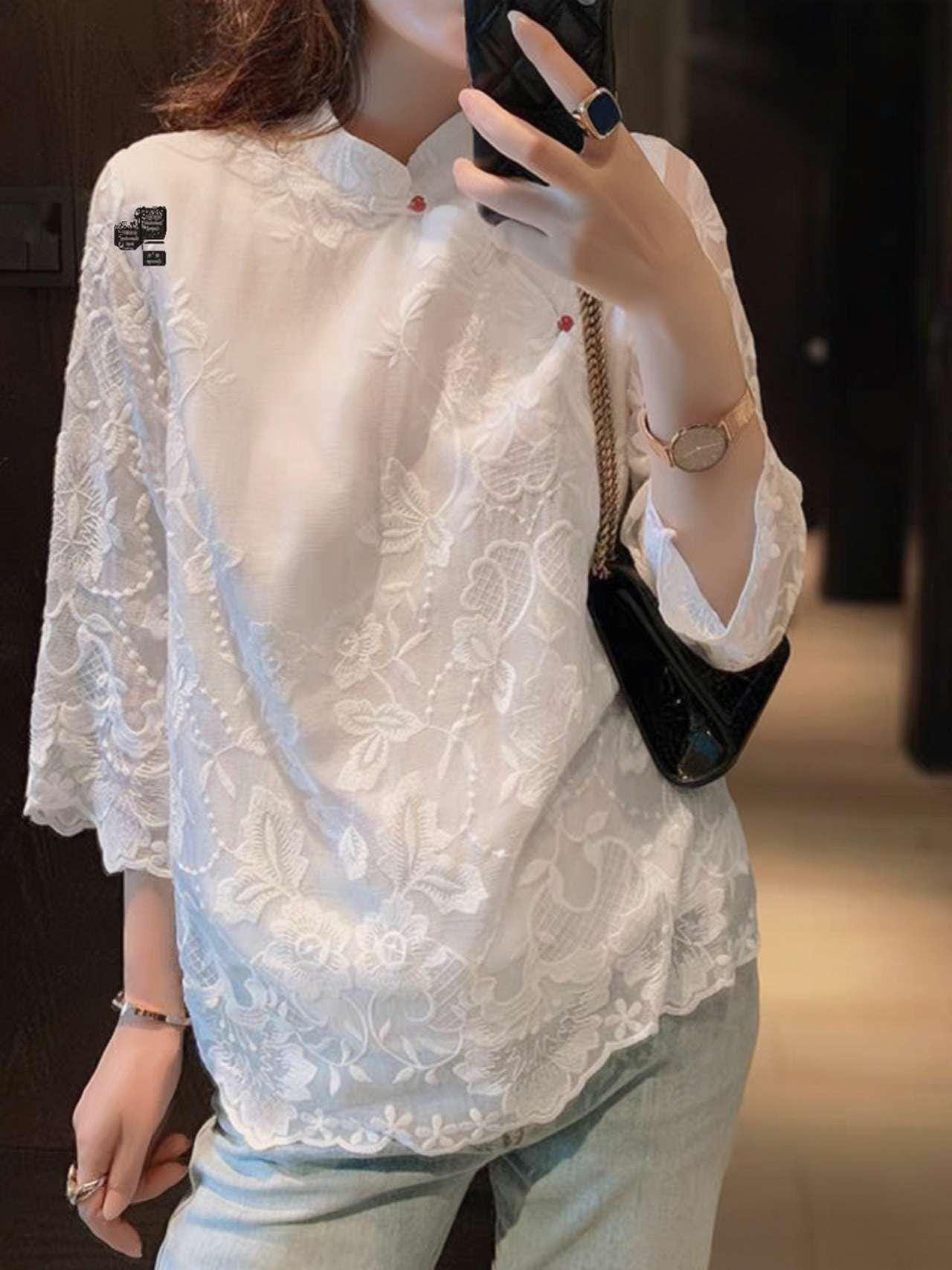 blusa china vintage mujer, camisa blanca bordada oriental, top holgado étnico retro, blusa estilo Tang, Camisa de la ceremonia del té