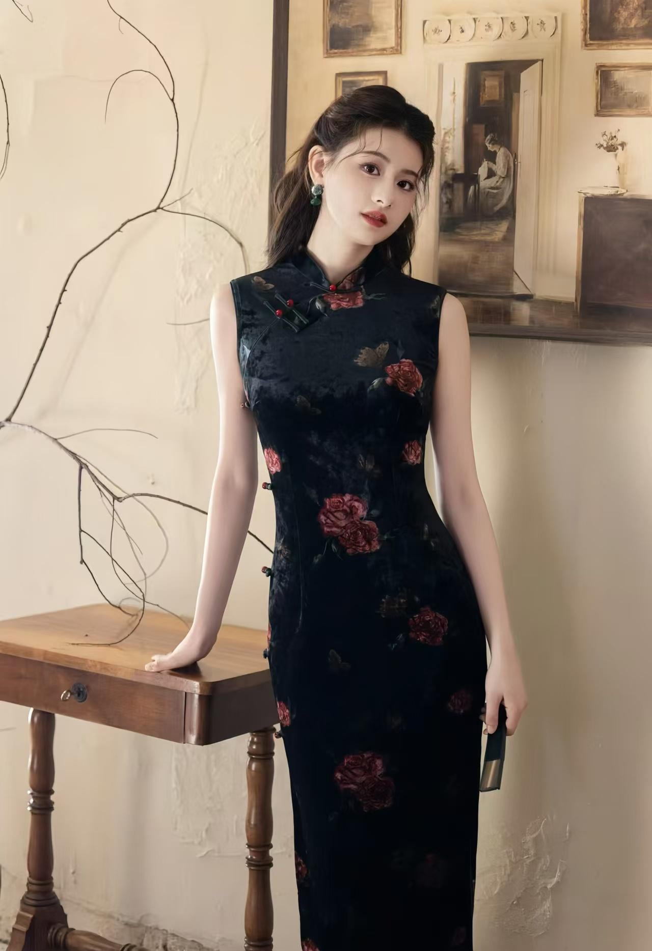 Black Velvet Qipao, Red Rose Floral Print Sleeveless Dress, Traditional Chinese Dress, Elegant Vintage Cheongsam
