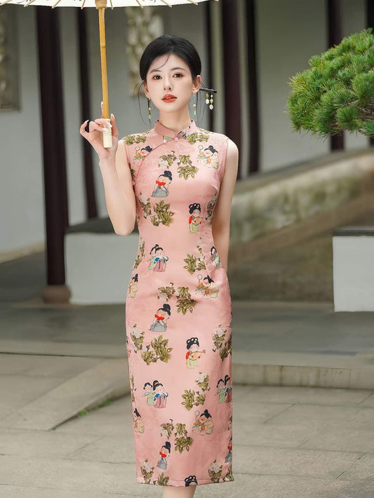 Cheongsam Rosa, Qipao Vintage Lady Print, Vestido Cultural Chino, Qipao Inspirado en Hanfu, Vestido para Ceremonia del Té, regalo para ella