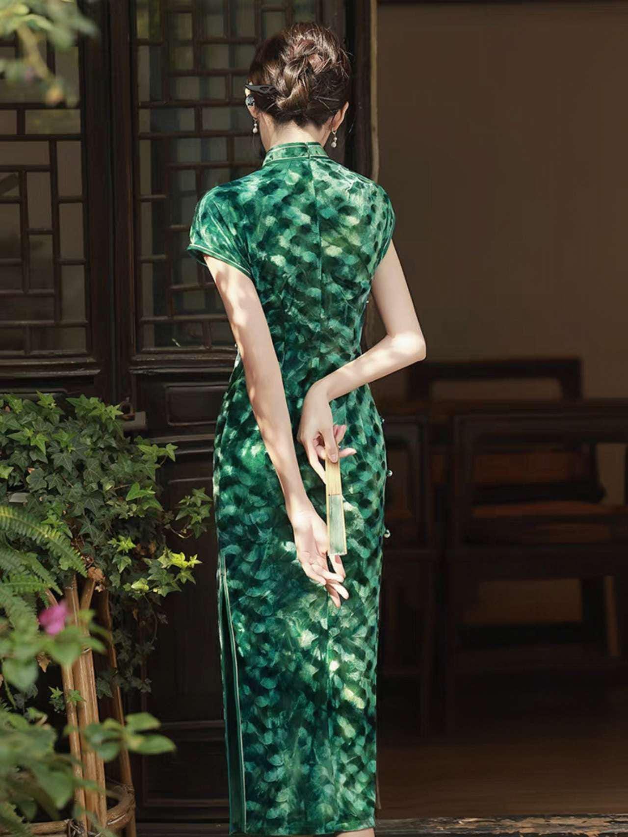 Vestido Qipao Verde Terciopelo,Cheongsam Retro para Mujer,Vestido de Fiesta Inspirado en el Antiguo Shangai,Vestido Vintage Elegante para Té