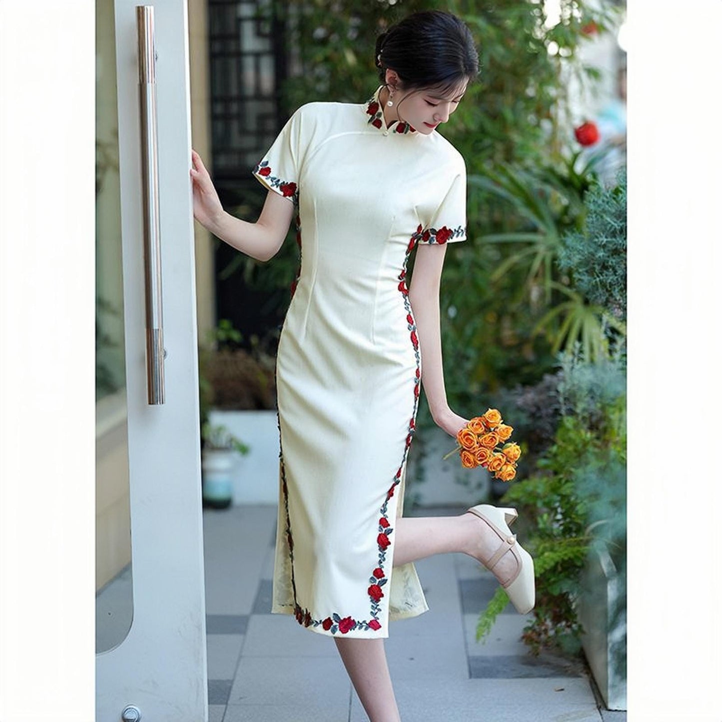 Vestido Qipao blanco, Cheongsam chino vintage, vestido midi, Vestido de invitada de boda, Vestido de ceremonia del té de verano, romántico