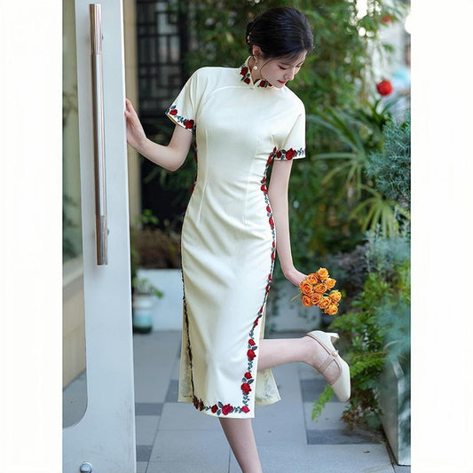 Vestido Qipao blanco, Cheongsam chino vintage, vestido midi, Vestido de invitada de boda, Vestido de ceremonia del té de verano, romántico