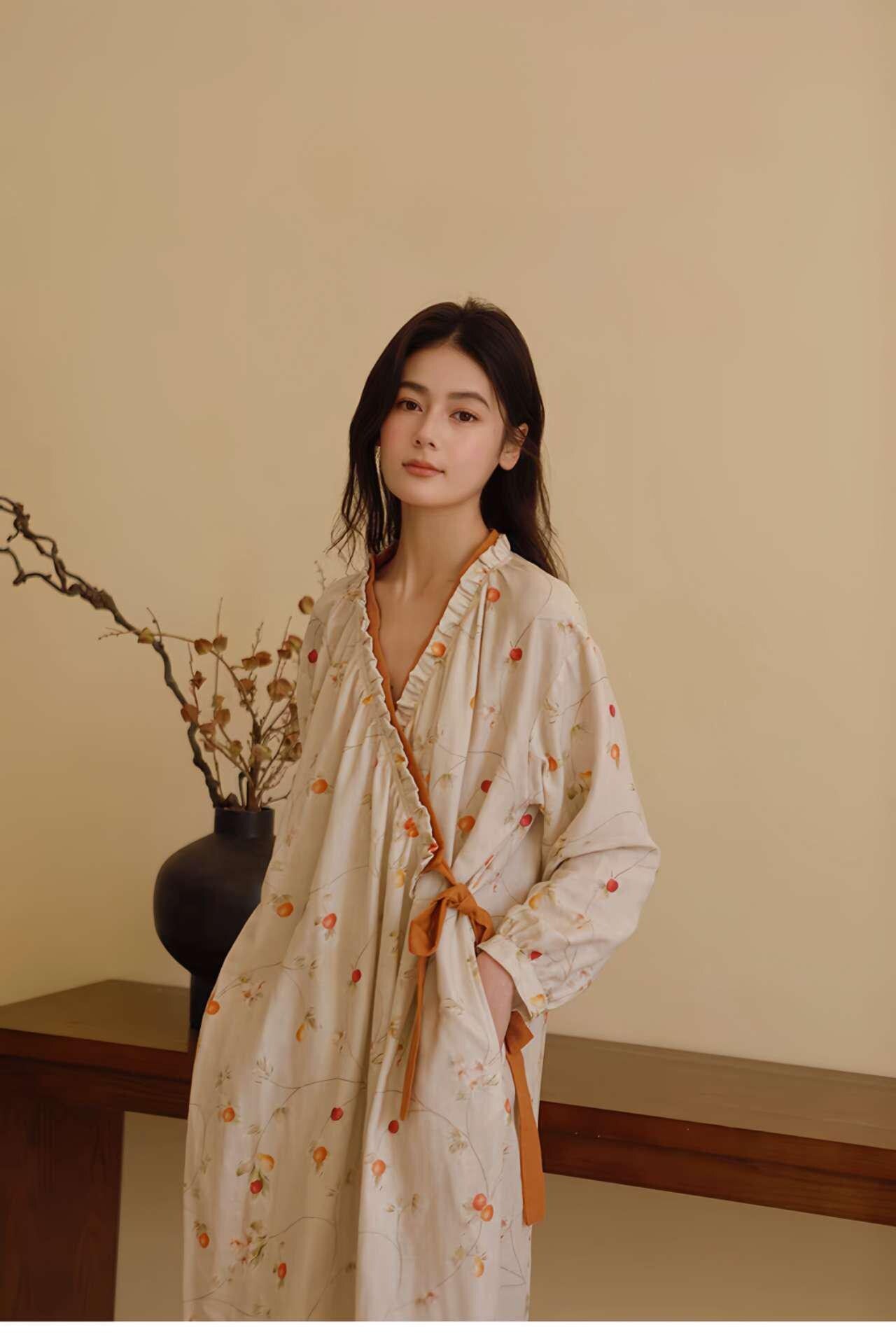 bata japonesa estilo hanfu, kimono de algodón suave,regalo relajante para ella, albornoz de algodón, albornoz orgánico,bata bohemia oriental