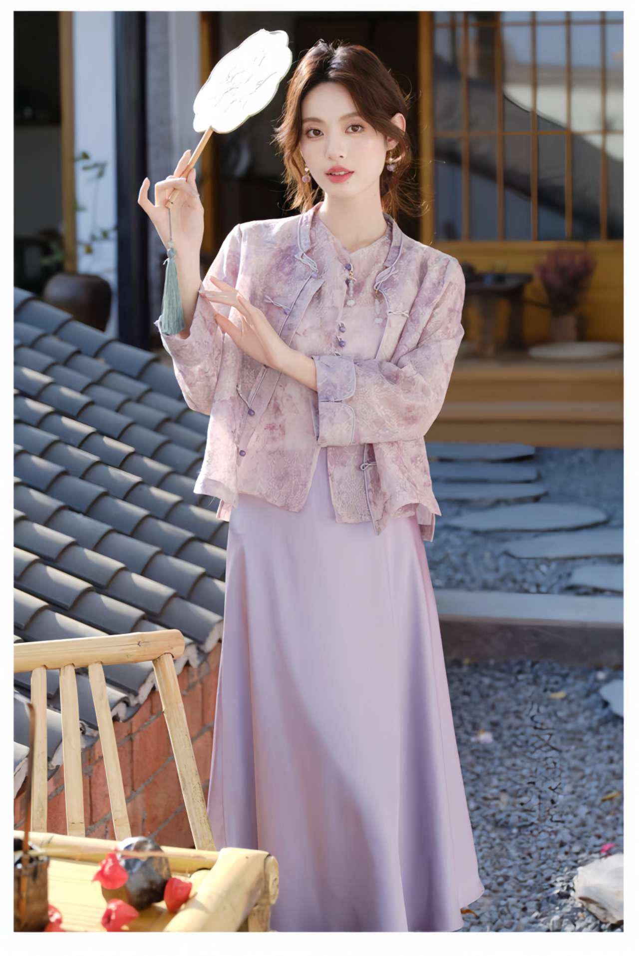 Vestido oriental de 3 piezas,Vestido Estilo Zen,Moderno Conjunto Hanfu,Conjunto Verano Oficina,Conjunto de falda asiática,Ceremonia del Té
