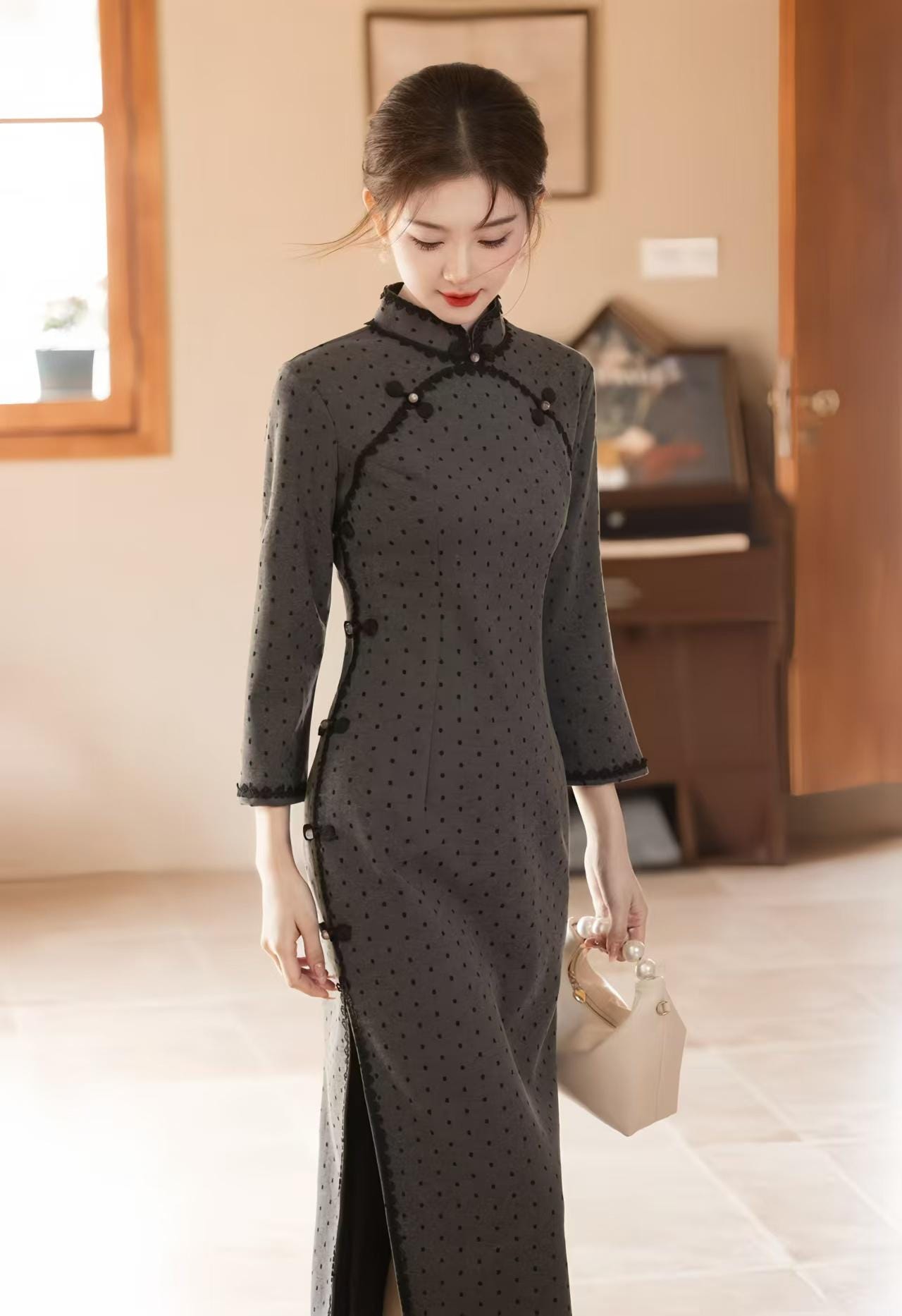 Chenille Polka Dot Qipao, Dark Gray Cheongsam, Vintage Chinese Dress, Elegant Oriental Costume, Modern Retro Dress, Cultural Event Party
