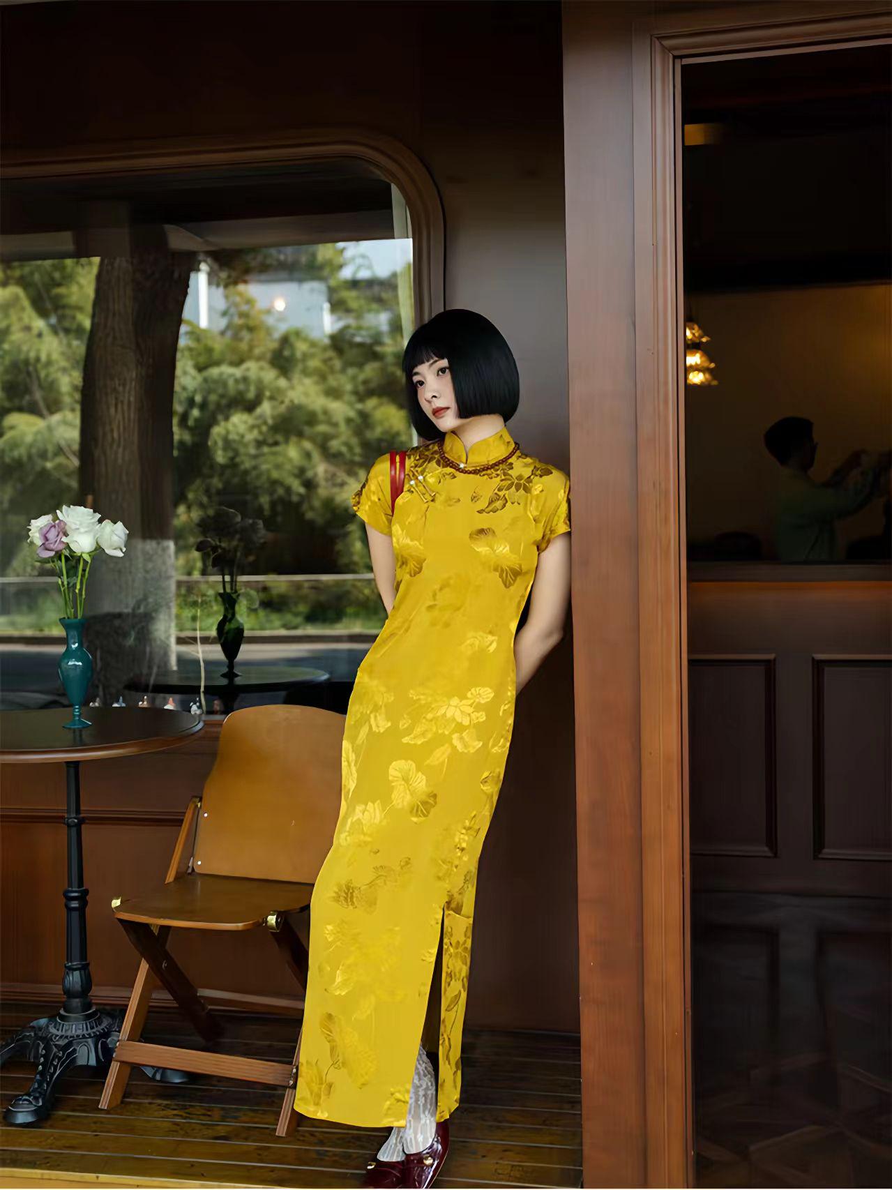 Vestido Cheongsam Dorado, Elegante Vestido Qipao, Vestido Amarillo, Vestido Floral, Estilo Vintage Chino, Traje para la Ceremonia del Té