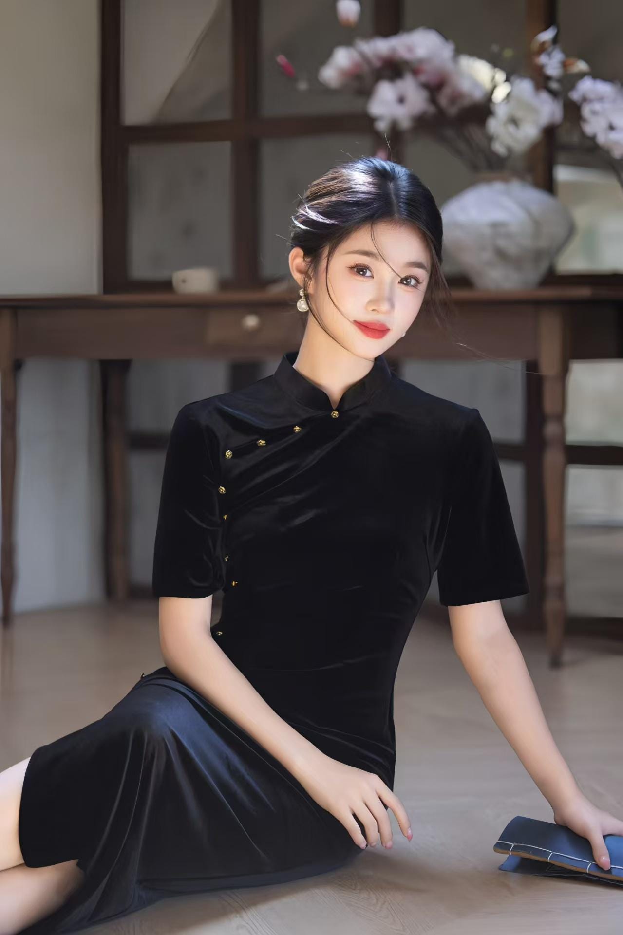 Minimalist Velvet Qipao Dress, Black Cheongsam with Gold Buttons, Elegant Midi Oriental Dress, Luxury Chinese Autumn Dress