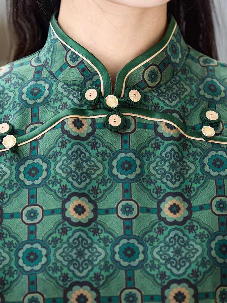Qipao Chino Vintage,Vestido Cheongsam Retro Elegante,Vestido Qipao Estampado Verde,Qipao Estilo Tradicional,regalo cultural,Ceremonia del Té