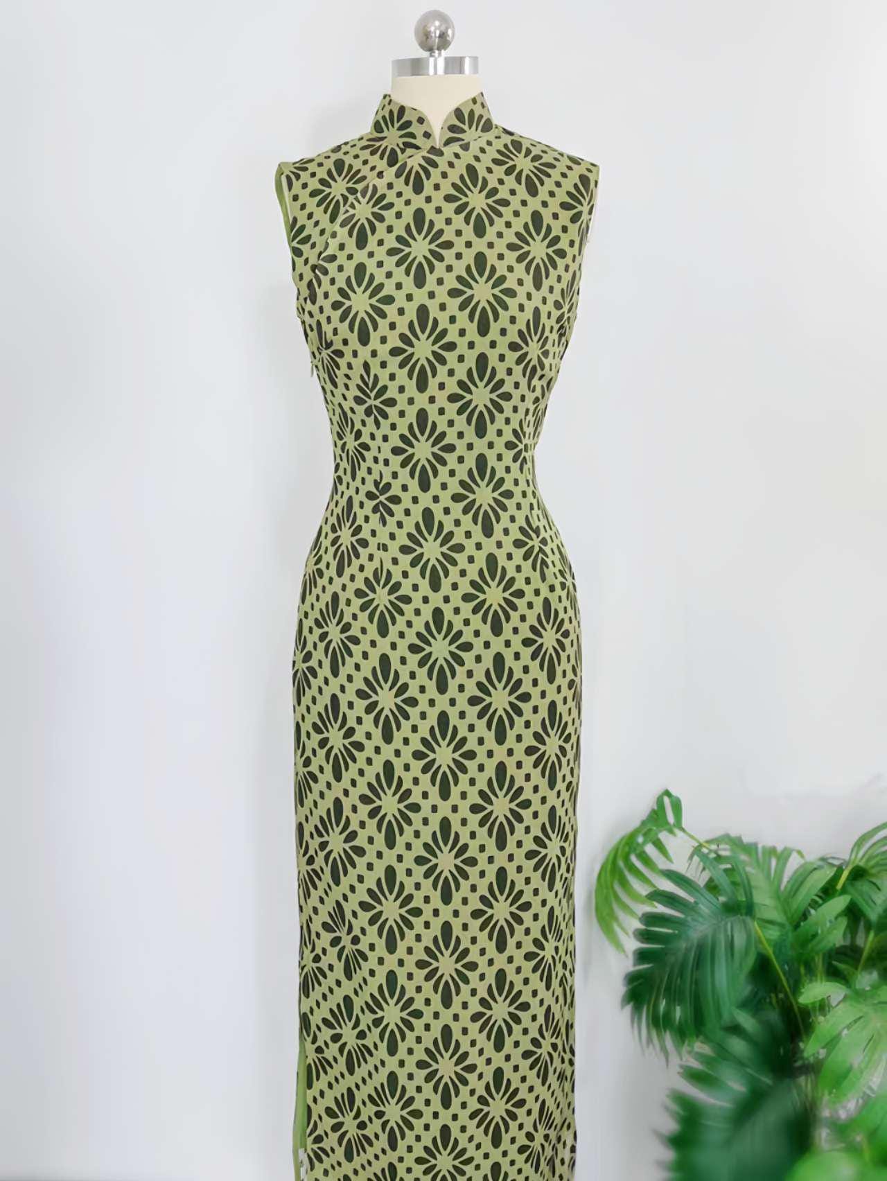 Qipao verde vintage, Vestido Cheongsam sin mangas, Vestido chino, Vestido de noche de estilo asiático, Vestido moderno de mediados de siglo
