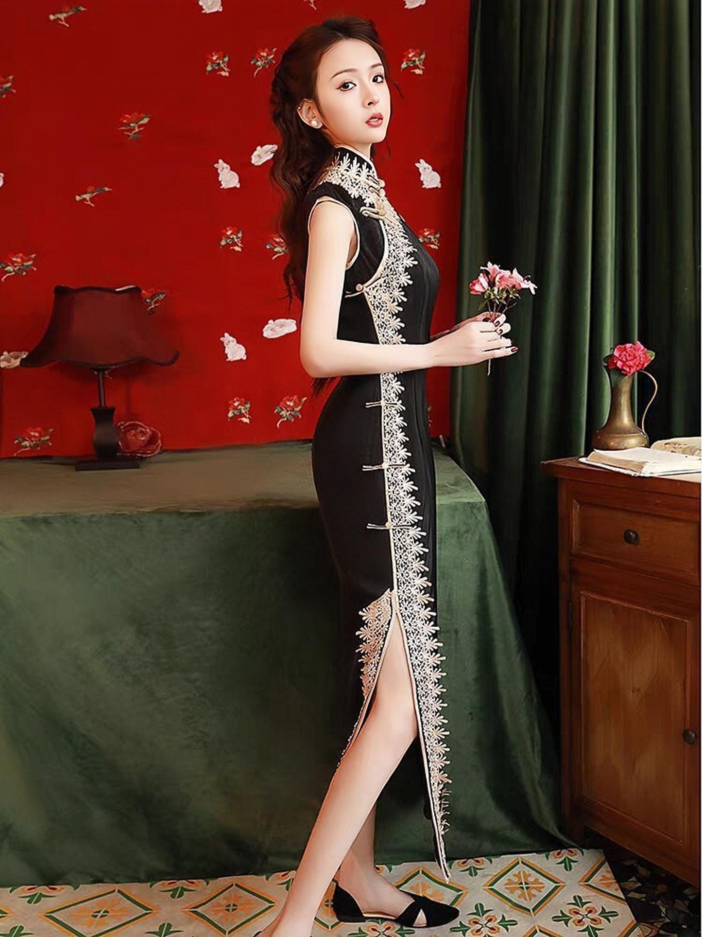 vestido qipao negro,vestido largo tradicional chino, Cheongsam estilo Shanghái retro, vestido asiático sexy,Vestido Vintage para Té
