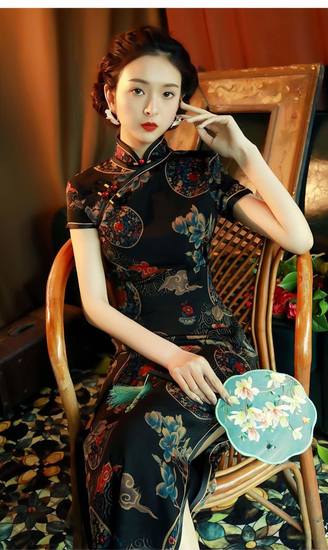 Vintage Chinese Cheongsam - Elegant Evening Dress with Lucky Cloud and Orchid Motif - Unique Printed Oriental Dress