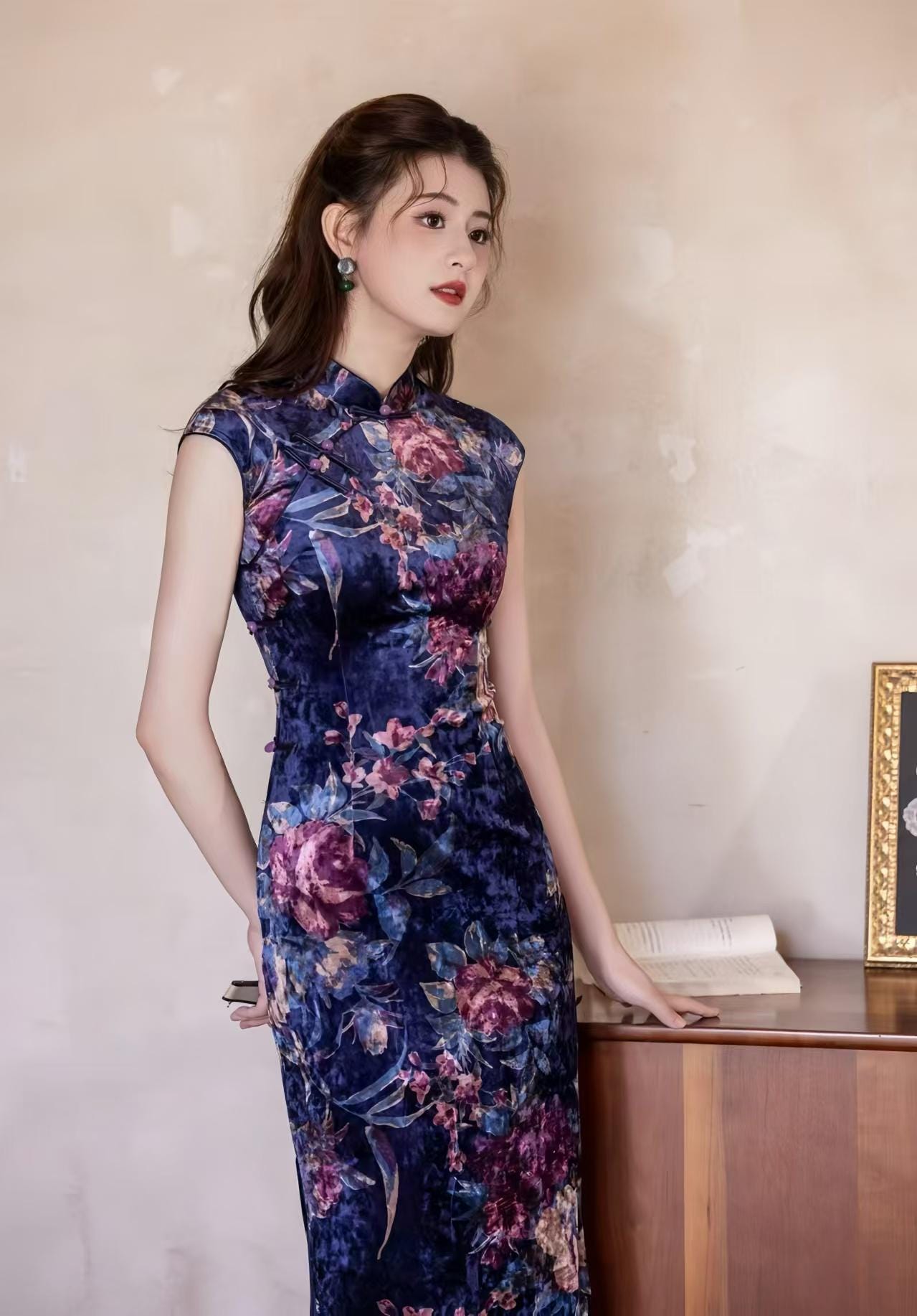Velvet Qipao Dress, Blue Floral Cheongsam, Elegant Long Chinese Dress, Autumn Winter Evening Dress, Vintage Oriental Party Dress