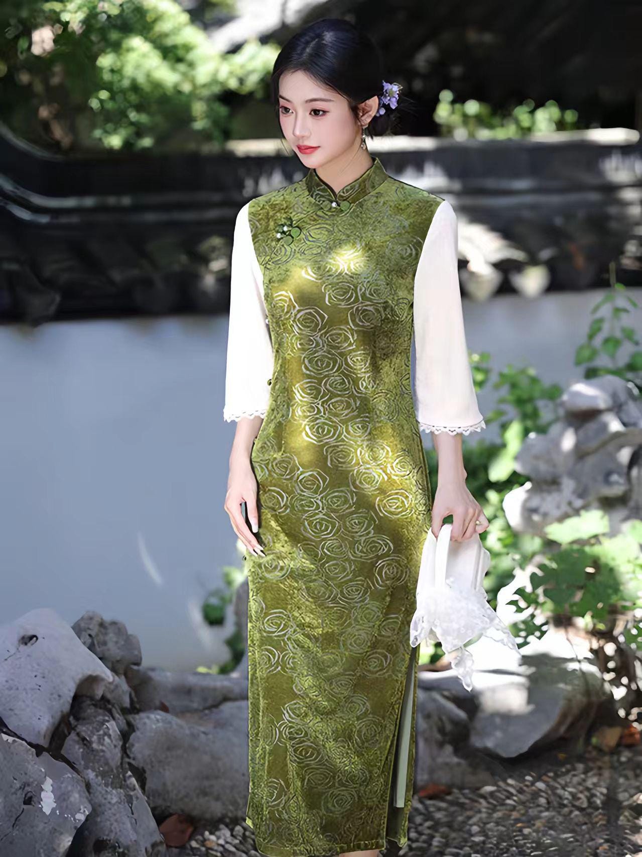 Qipao de Terciopelo,Vestido Cheongsam clásico,Vestido de Fiesta Oriental morado,Vestido Formal Vintage,Cheongsam Retro Floral,para Té o Gala