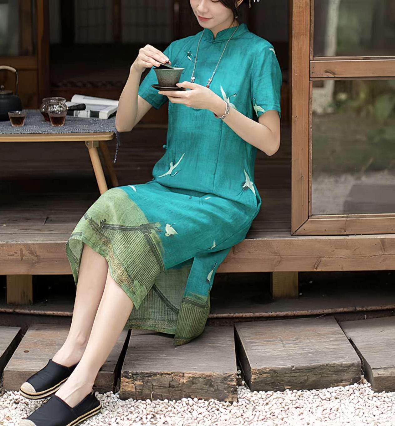 vestido Hanfu de lino chino, vestido largo estilo zen, vestido elegante con grullas  de lino, vestido bohemio oriental, regalo  para madre,