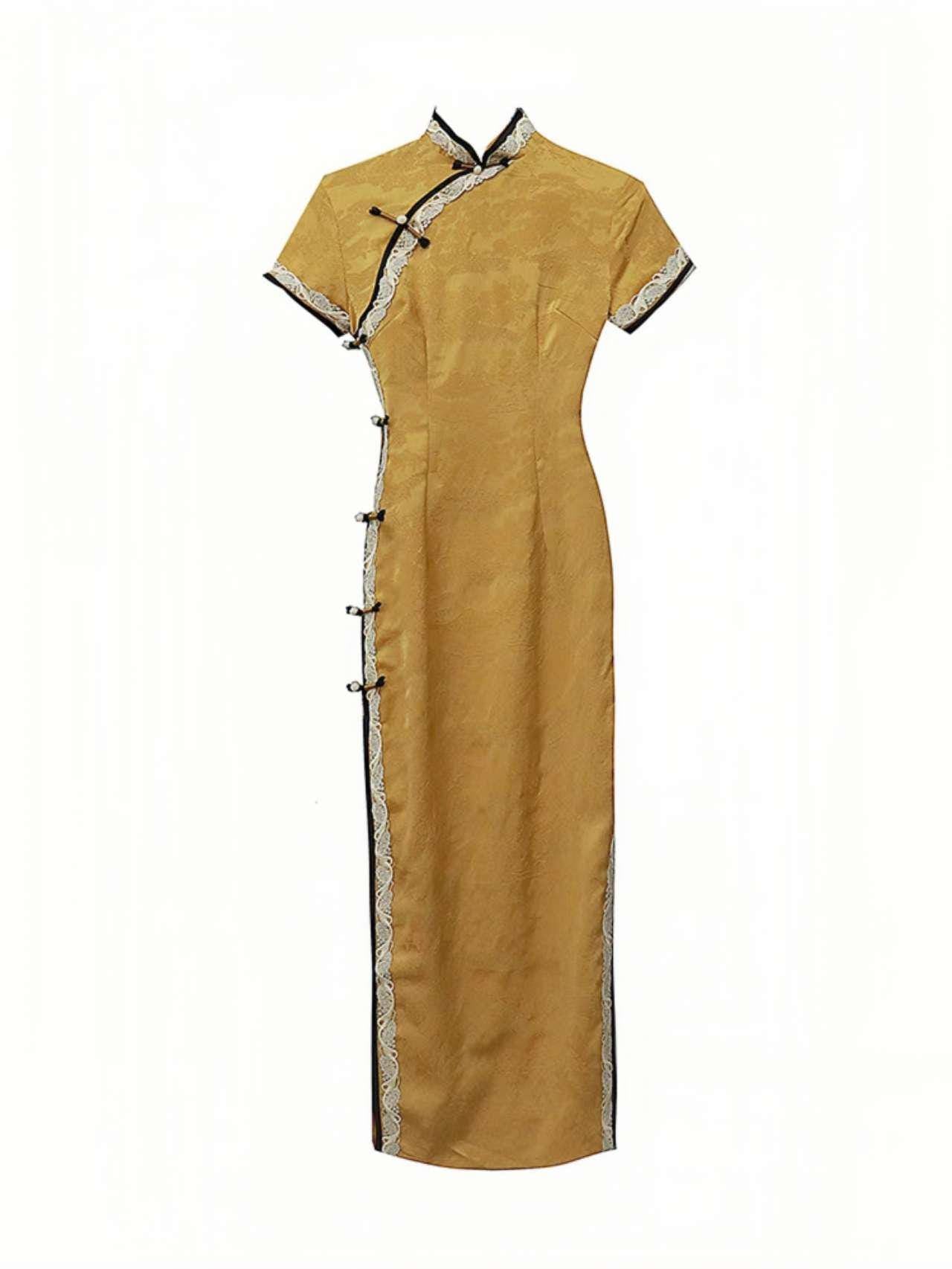 Vestido Qipao Dorado, Elegante Cheongsam Chino, Vestido Retro Largo, Vestido Cultural de Té Amarillo, Vestido Formal de Fiesta Asiático