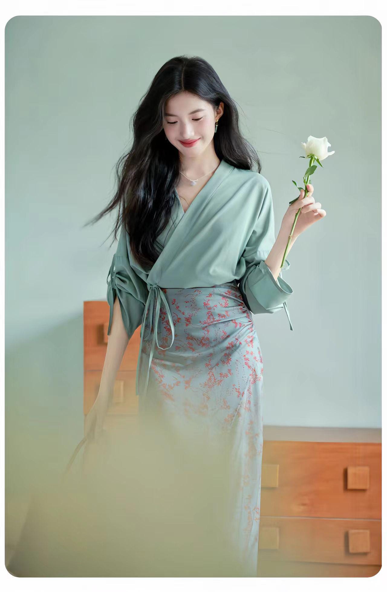Elegante conjunto de falda y top verde, traje de dos piezas inspirado en el Qipao,conjunto de estilo chino vintage,ropa de oficina cultural