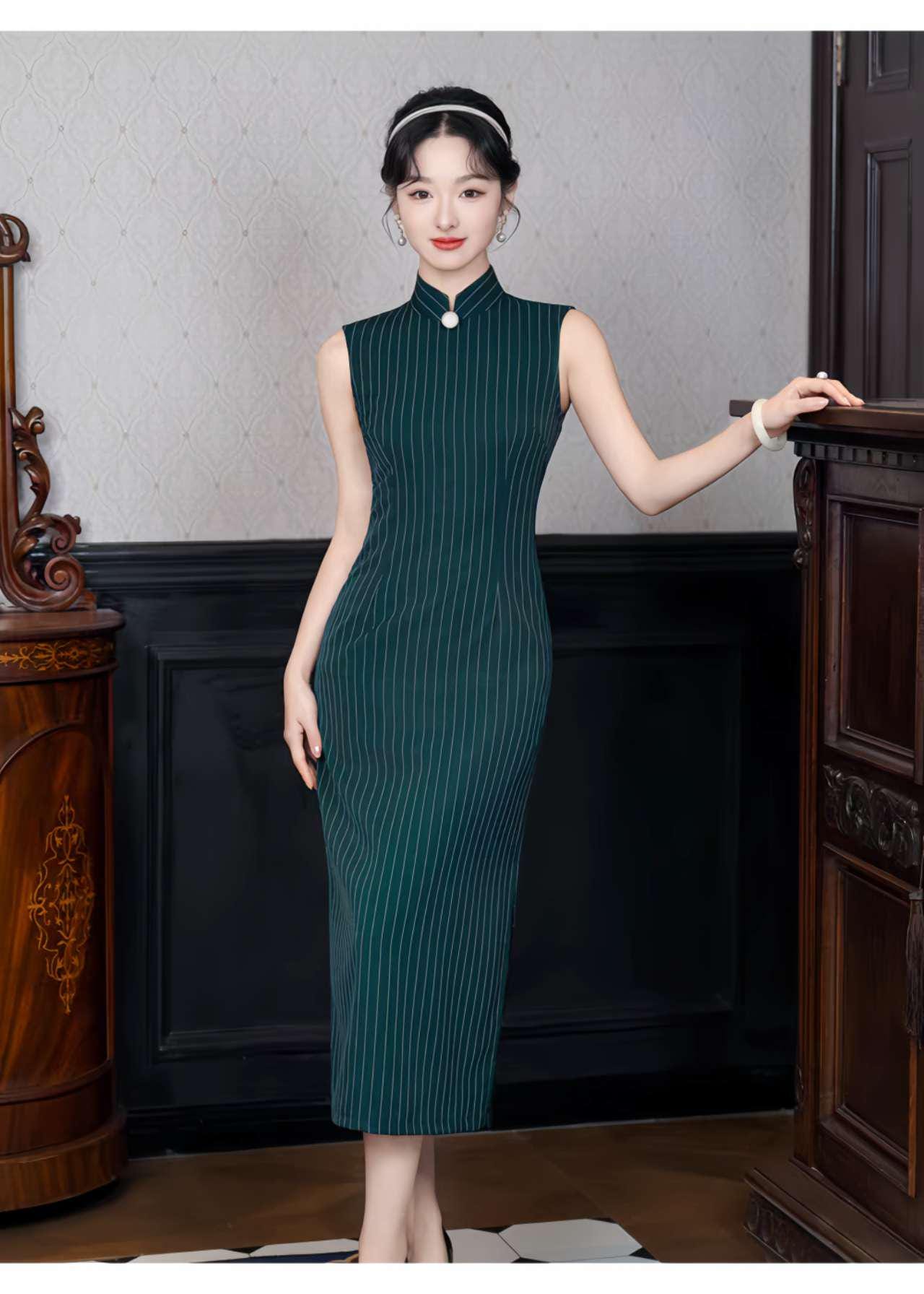Vestido Qipao Verde Oscuro, Cheongsam Sin Mangas, Vestido Chino Retro a Rayas, Elegante Qipao para Oficina, Vestido Oriental Minimalista