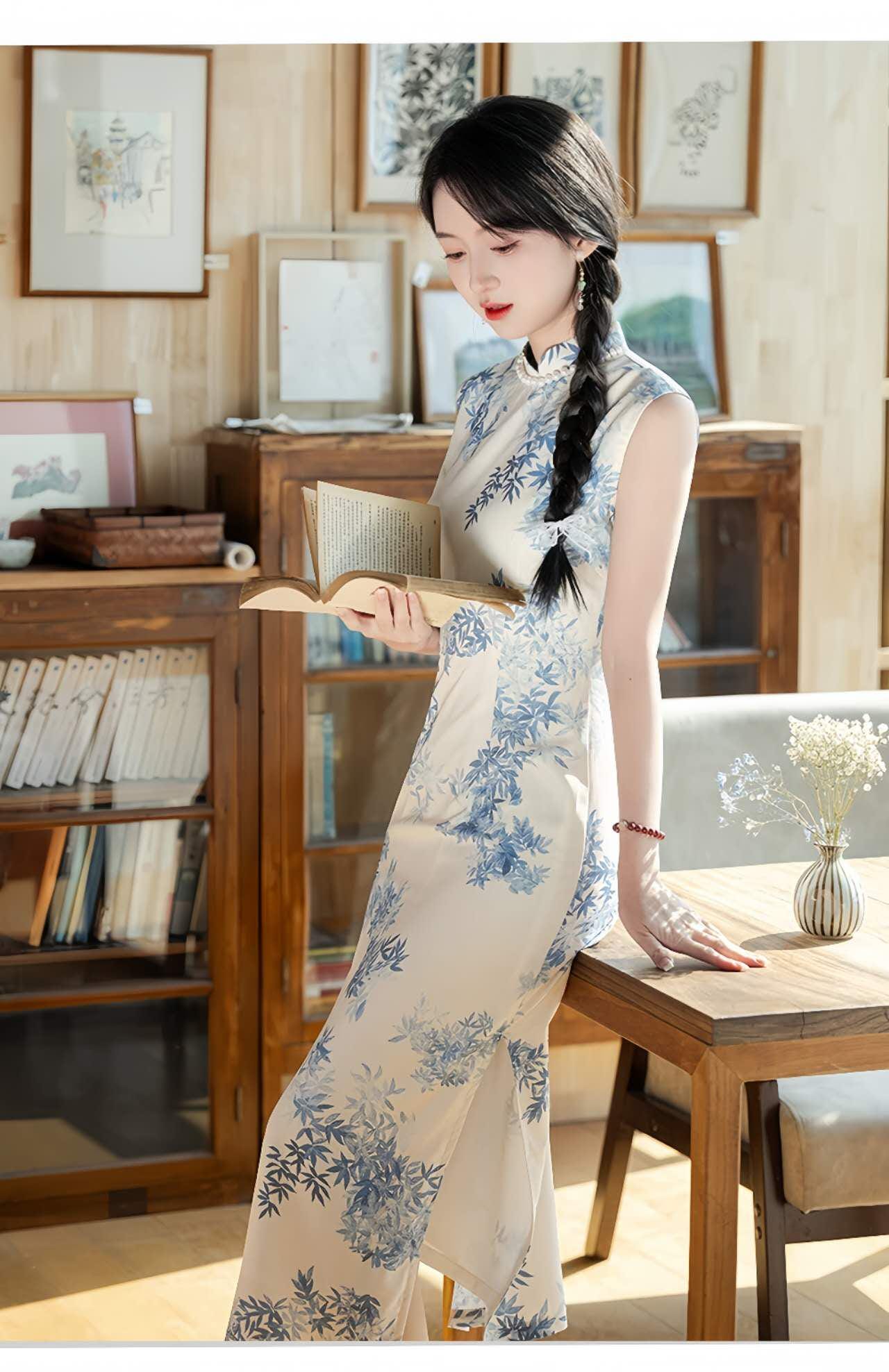 Lino de seda Vestido Cheongsam, Azul Blanco Bambú Qipao, Elegante Vestido de Té Chino, Clásico Estilo Oriental Librería,regalo para ella