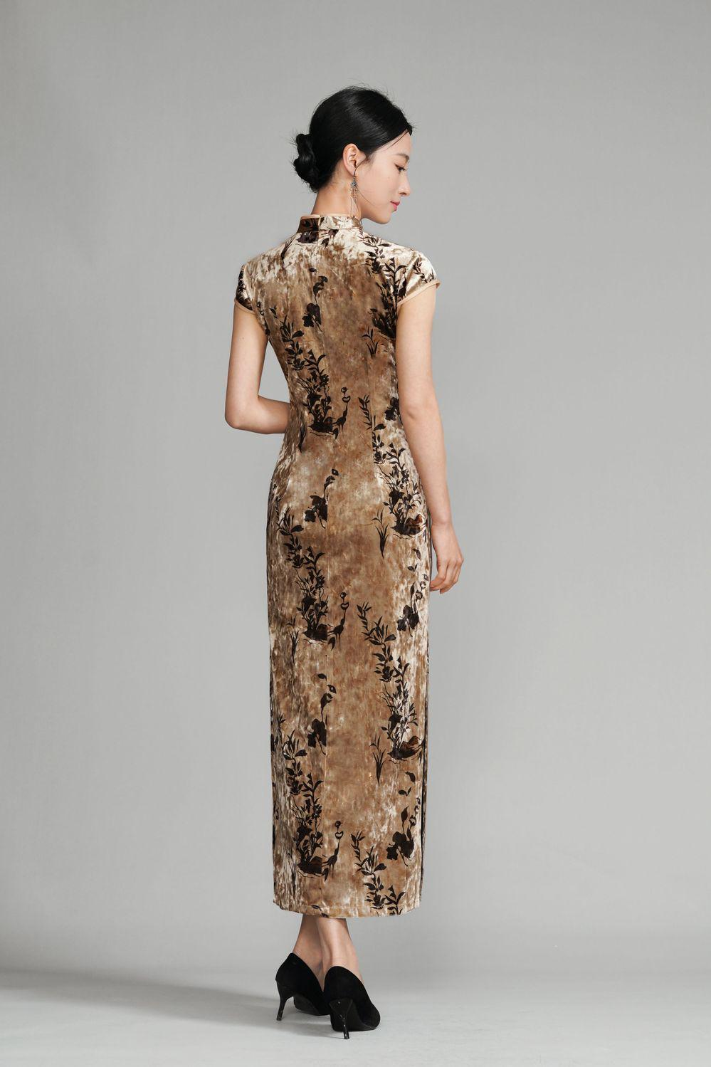 Vestido Qipao Floral Oro Champán | Cheongsam con Tacto Terciopelo para Mujer | Vestido Chino Elegante | Atuendo de Noche Tradicional