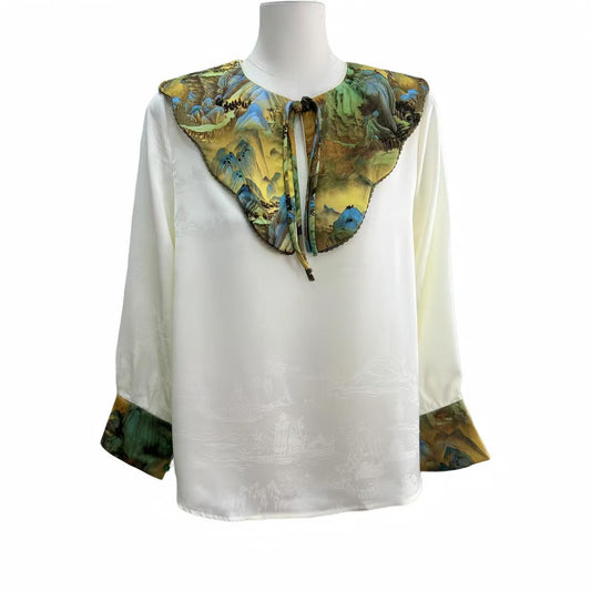 Blusa China Vintage con Cuello de Nube,Camisa Oriental de Raso Jacquard,Top Retro Inspirado en la Dinastía Tang, Camisa de Traje Étnico