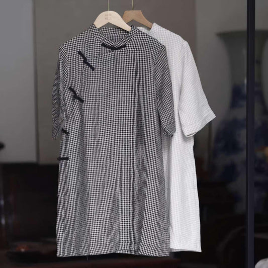 Camisa china a cuadros, Top Hanfu de lino, Blusa retro, Camisa Zen Guinga, Camisa Cheongsam minimalista, Top para la ceremonia del té