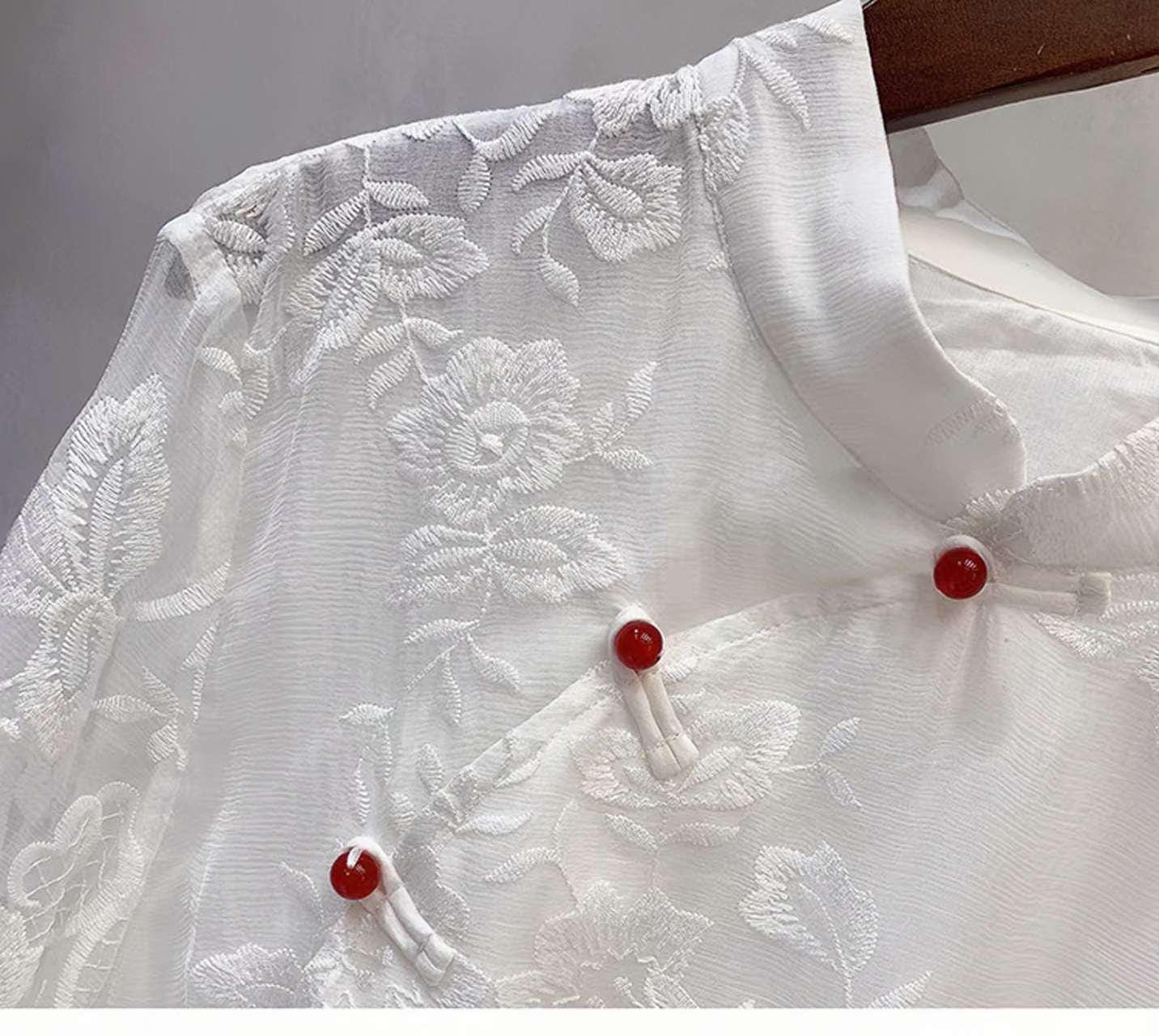 blusa china vintage mujer, camisa blanca bordada oriental, top holgado étnico retro, blusa estilo Tang, Camisa de la ceremonia del té