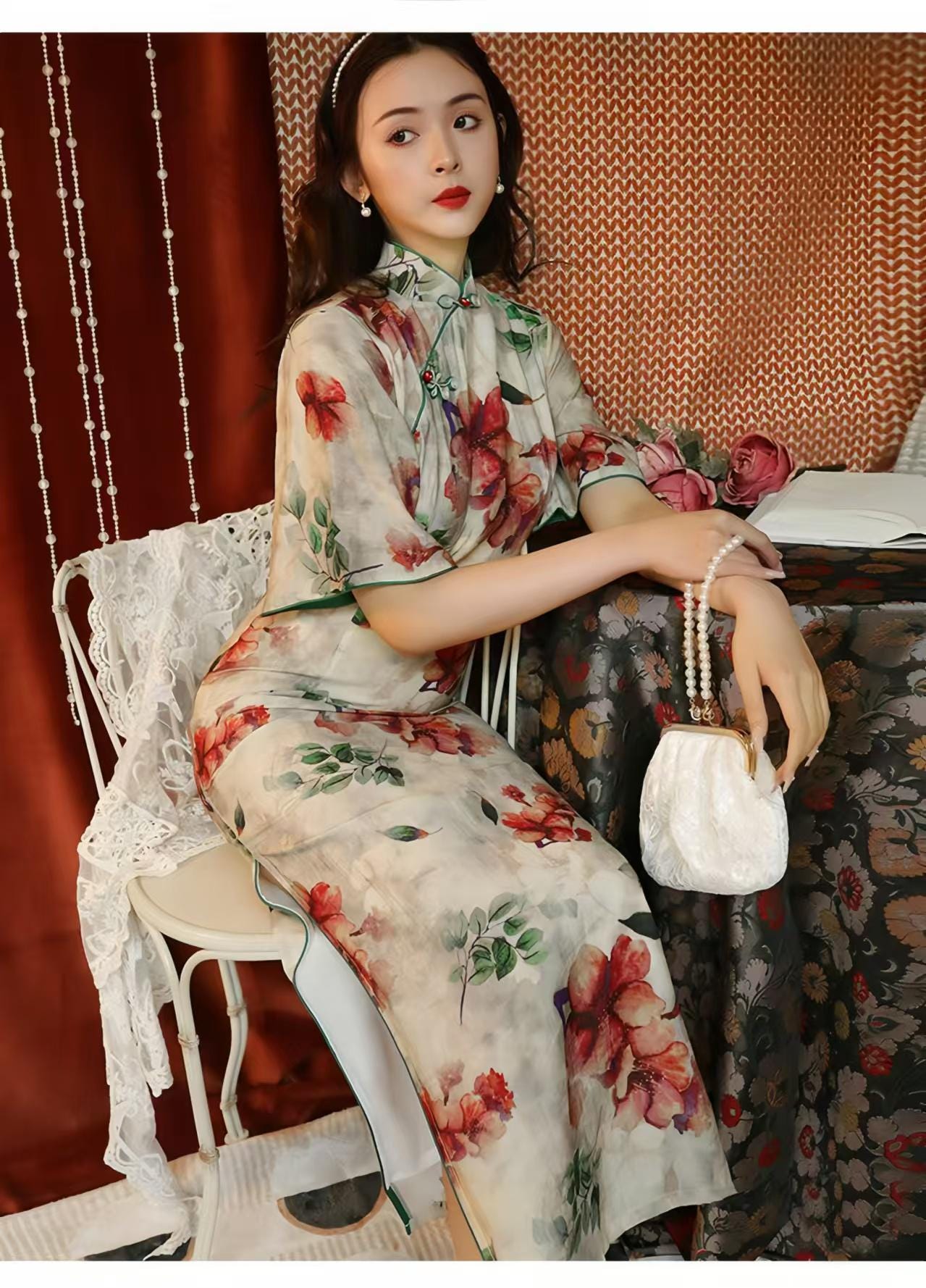 Vestido Qipao Floral de Seda y Lino, Maxi Vestido Largo Cheongsam,Vestido de Invitada de Boda Cultural Tradicional,Ceremonia del Té,Clásico