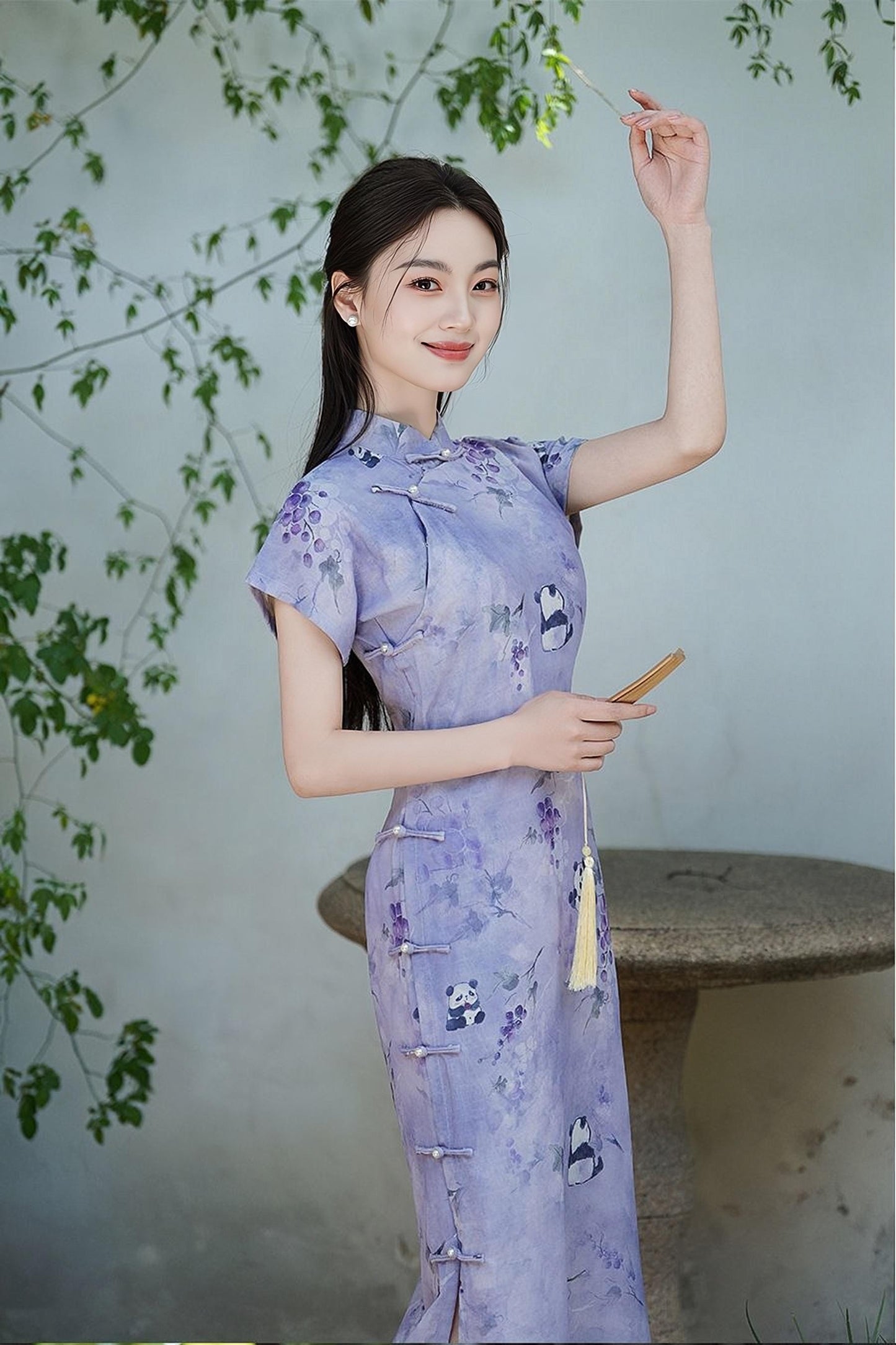 Purple Panda Qipao Dress, Vintage Chinese Cheongsam, Retro Asian Tea Party Dress, Animal Pattern  Dress, regalo para ella